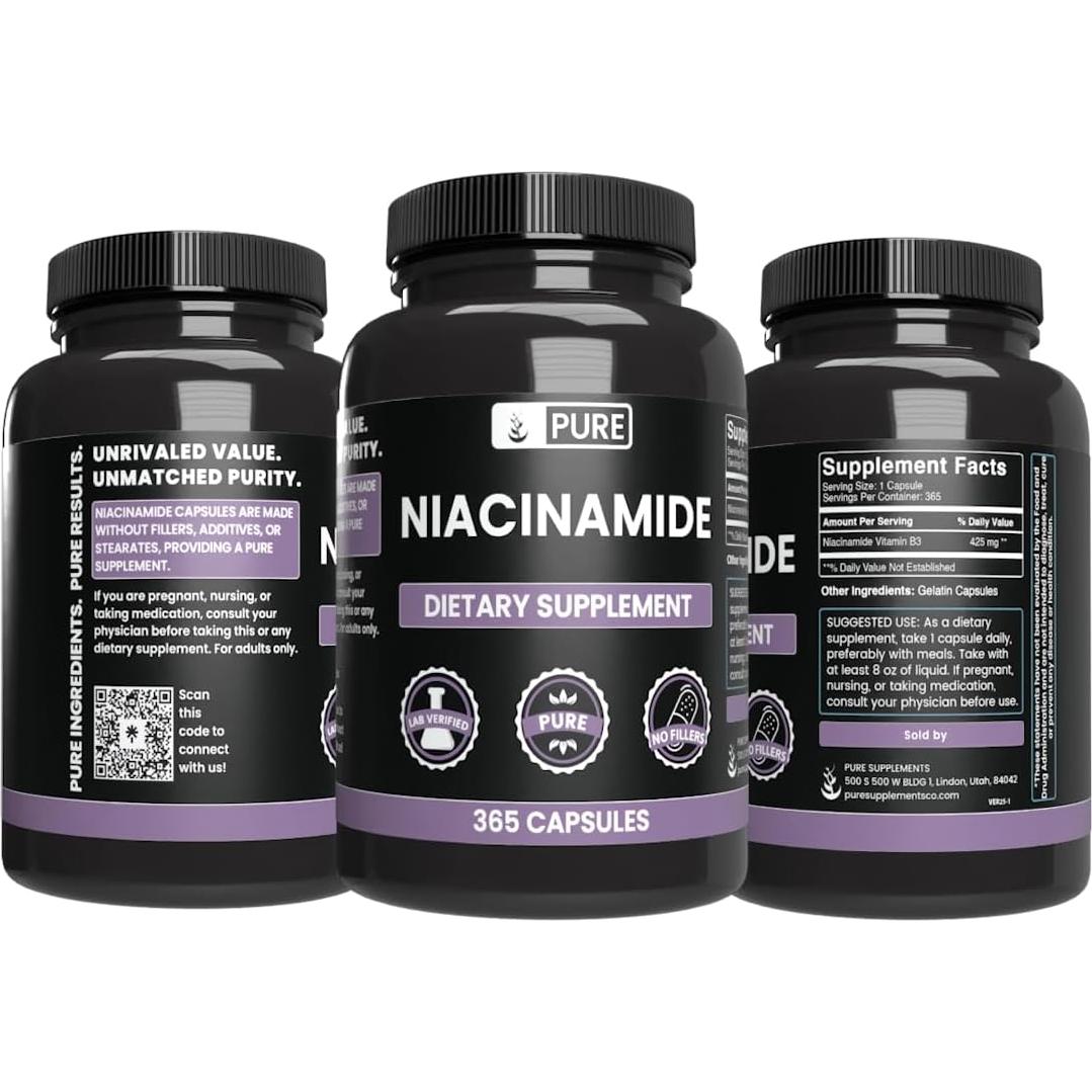 Cápsulas de Niacinamida Pura 365 Unidades - Ingredientes Orgánicos