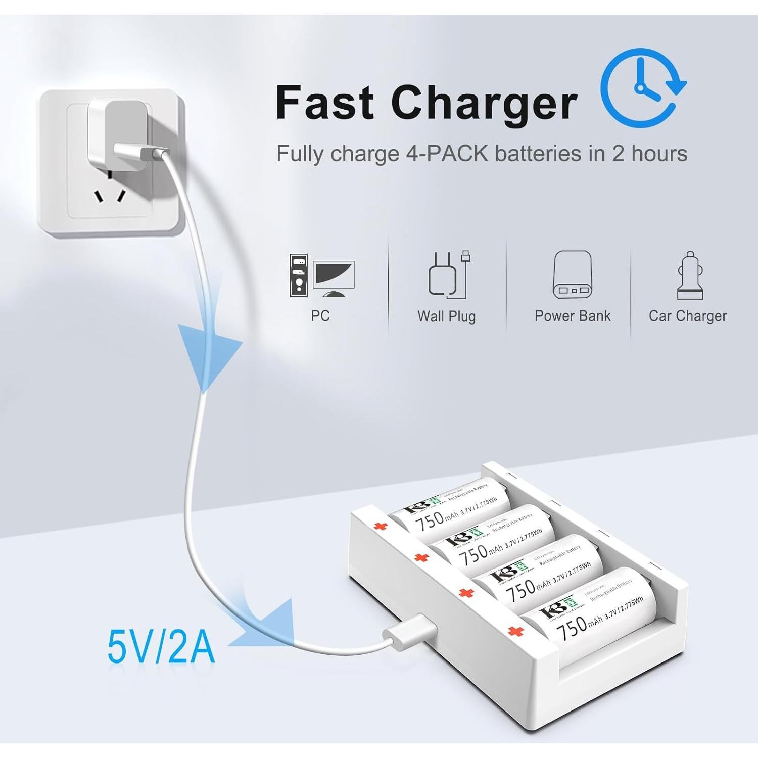 Baterías de Litio Recargables 123A KBT - Paquete de 4, 750mAh