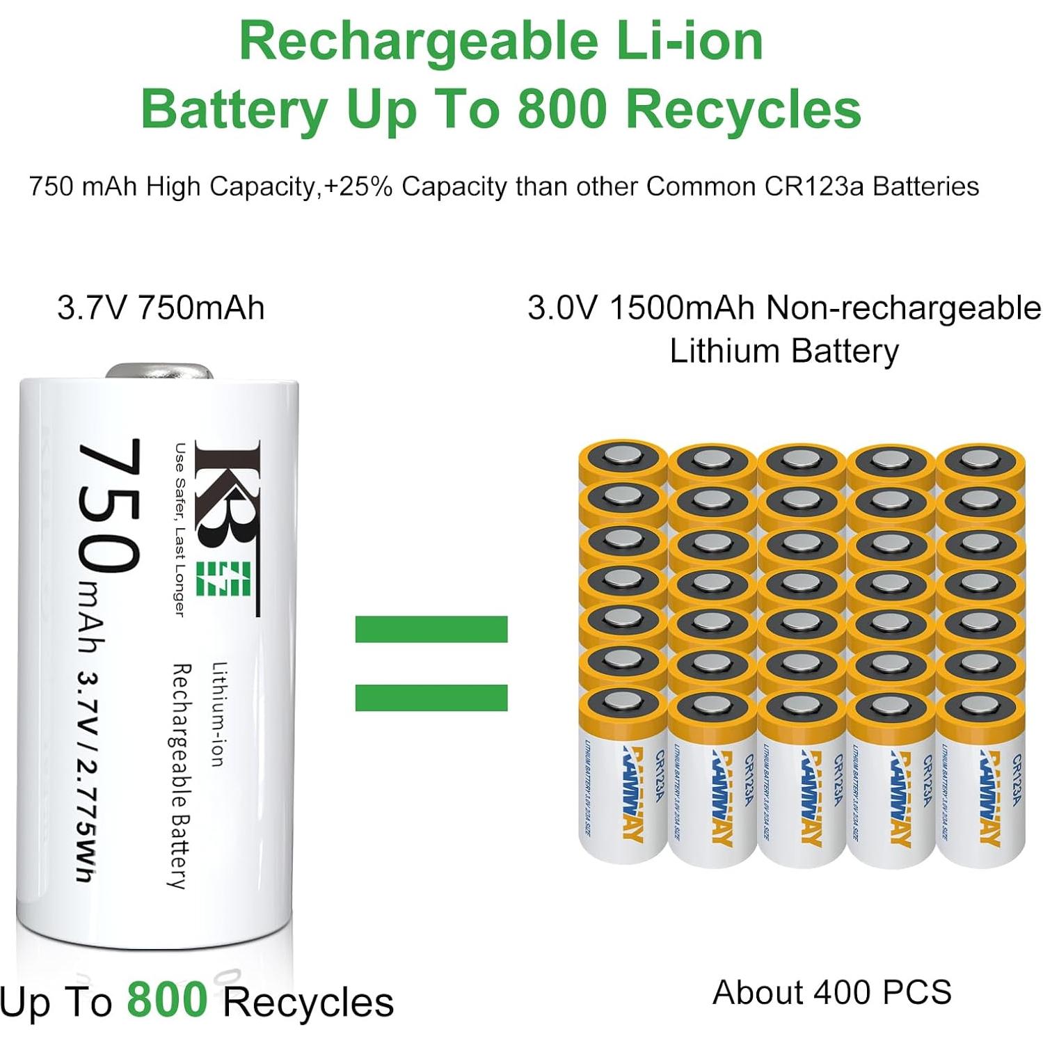 Baterías de Litio Recargables 123A KBT - Paquete de 4, 750mAh