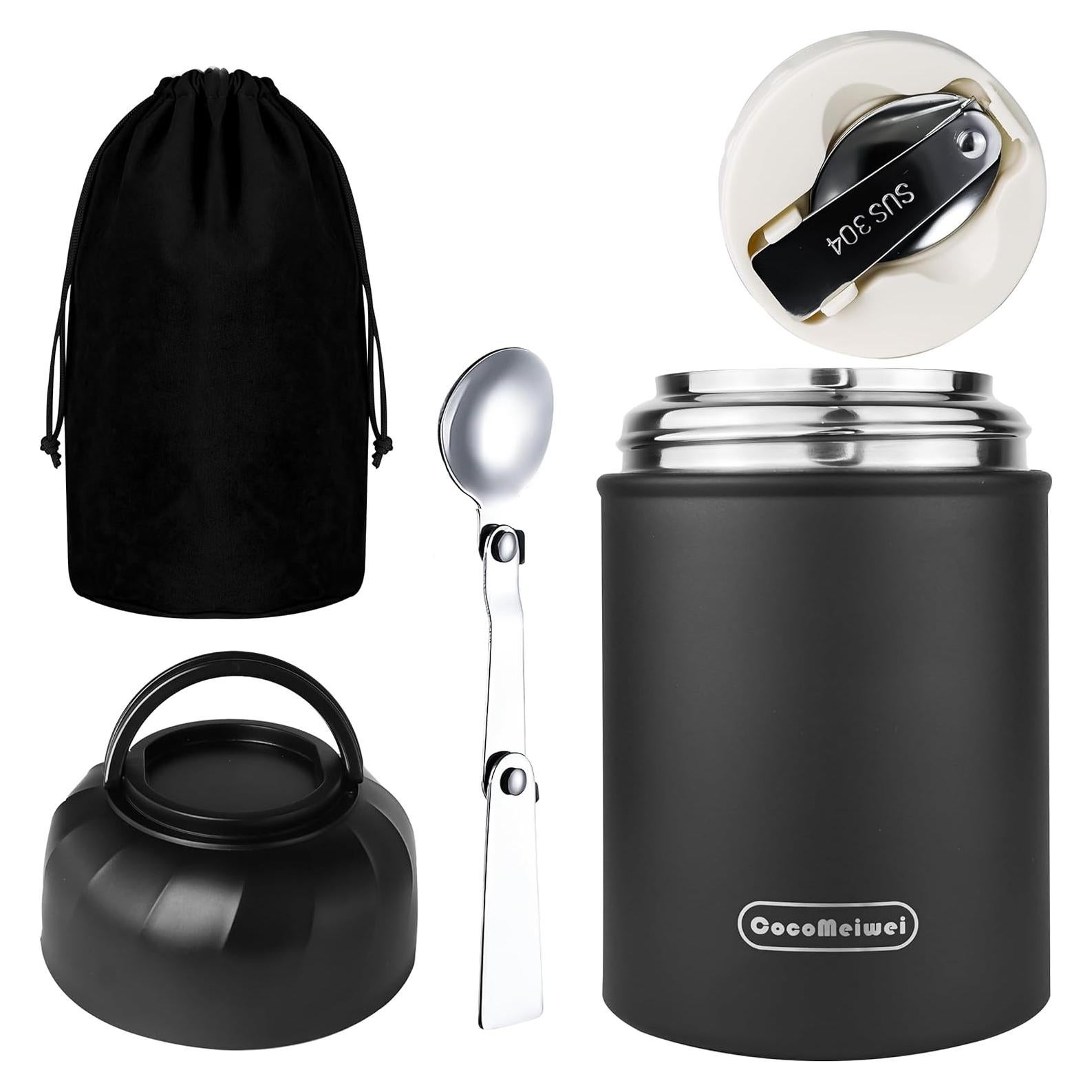 Termo Aislado CocoMeiwei 0.5L Negro con Cuchara y Bolsa