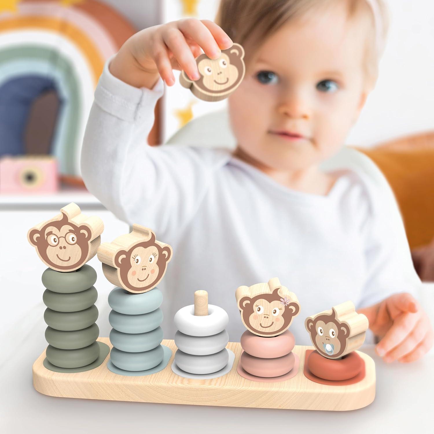 Apilador Familiar Speedy Monkey Kids - 5 Monos de Madera, Pintura No Tóxica, Juguete Educativo