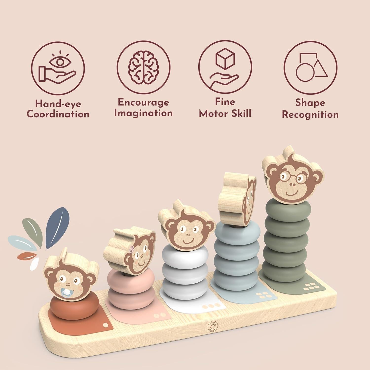 Apilador Familiar Speedy Monkey Kids - 5 Monos de Madera, Pintura No Tóxica, Juguete Educativo
