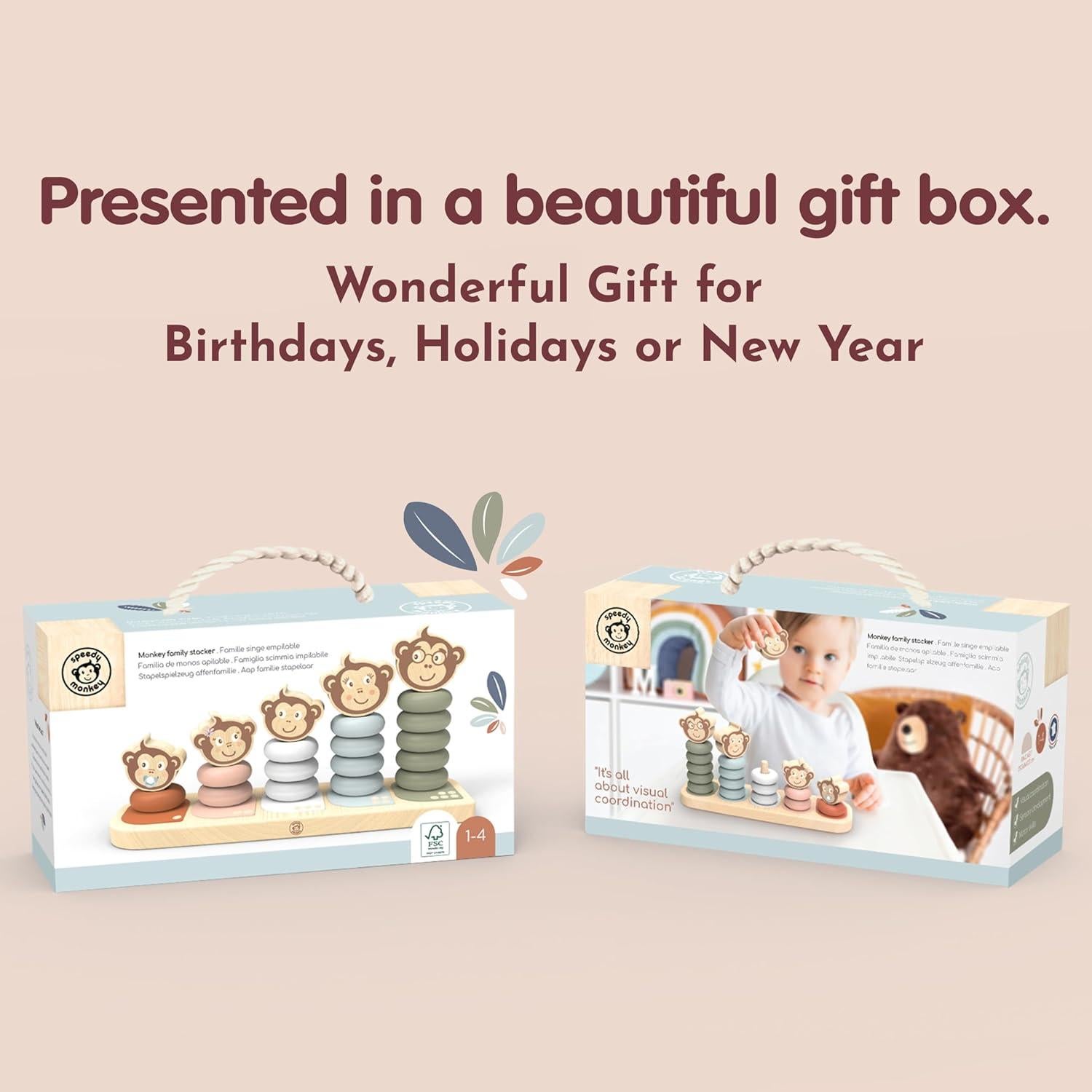 Apilador Familiar Speedy Monkey Kids - 5 Monos de Madera, Pintura No Tóxica, Juguete Educativo