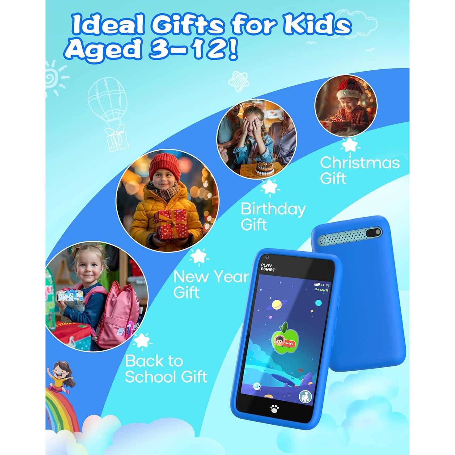 MOMILLA Kids Toys Smart Phone, 3.97" Touchscreen, Birthday Gifts for Kids, 16GB Toddler Learning Cell Phone with Games, Boys Girls Toys for Age 3 4 5 6 7 8 9 Year Old（Front Camera Only