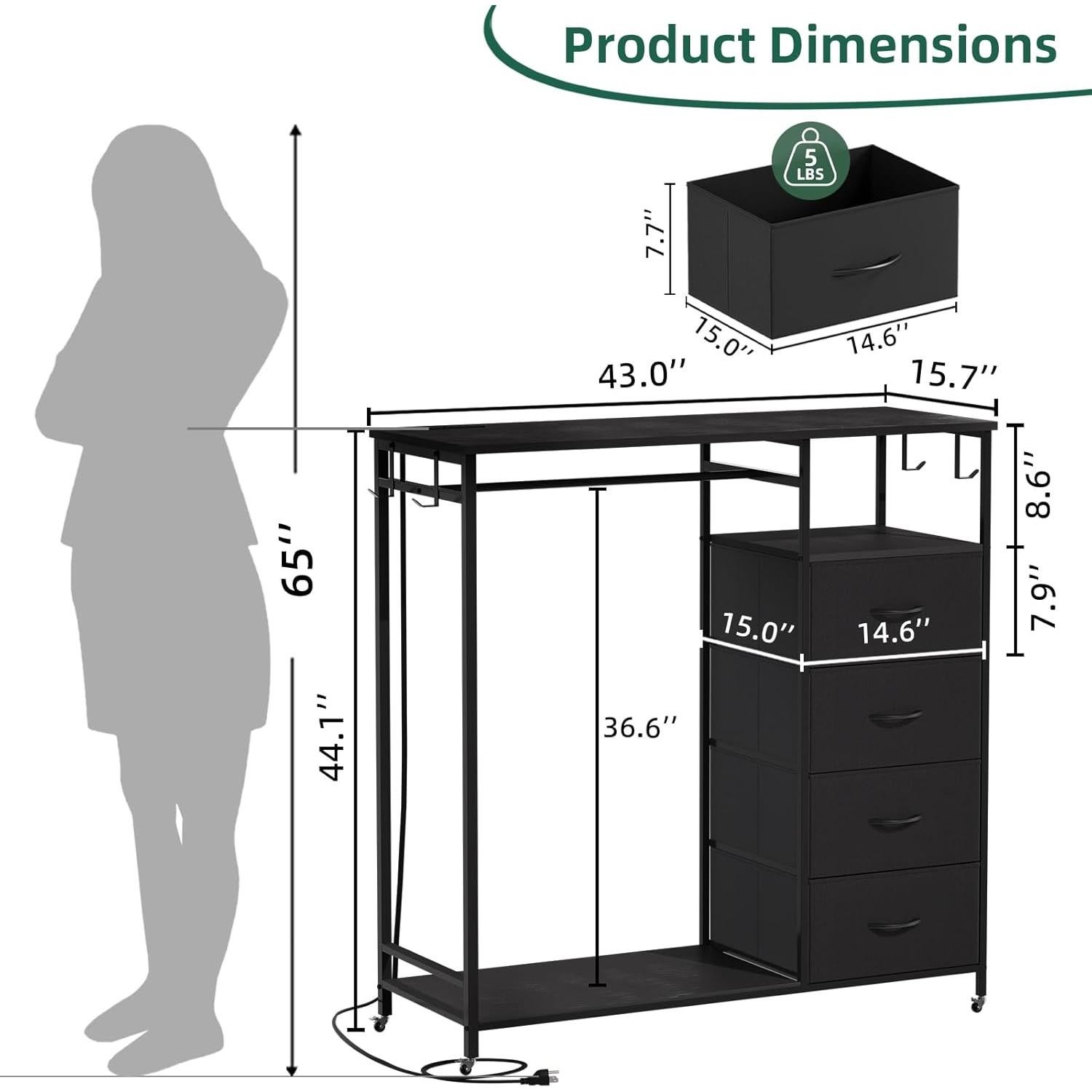 Cómoda Negra Somdot con Rack Colgante y Luces LED 4 Cajones