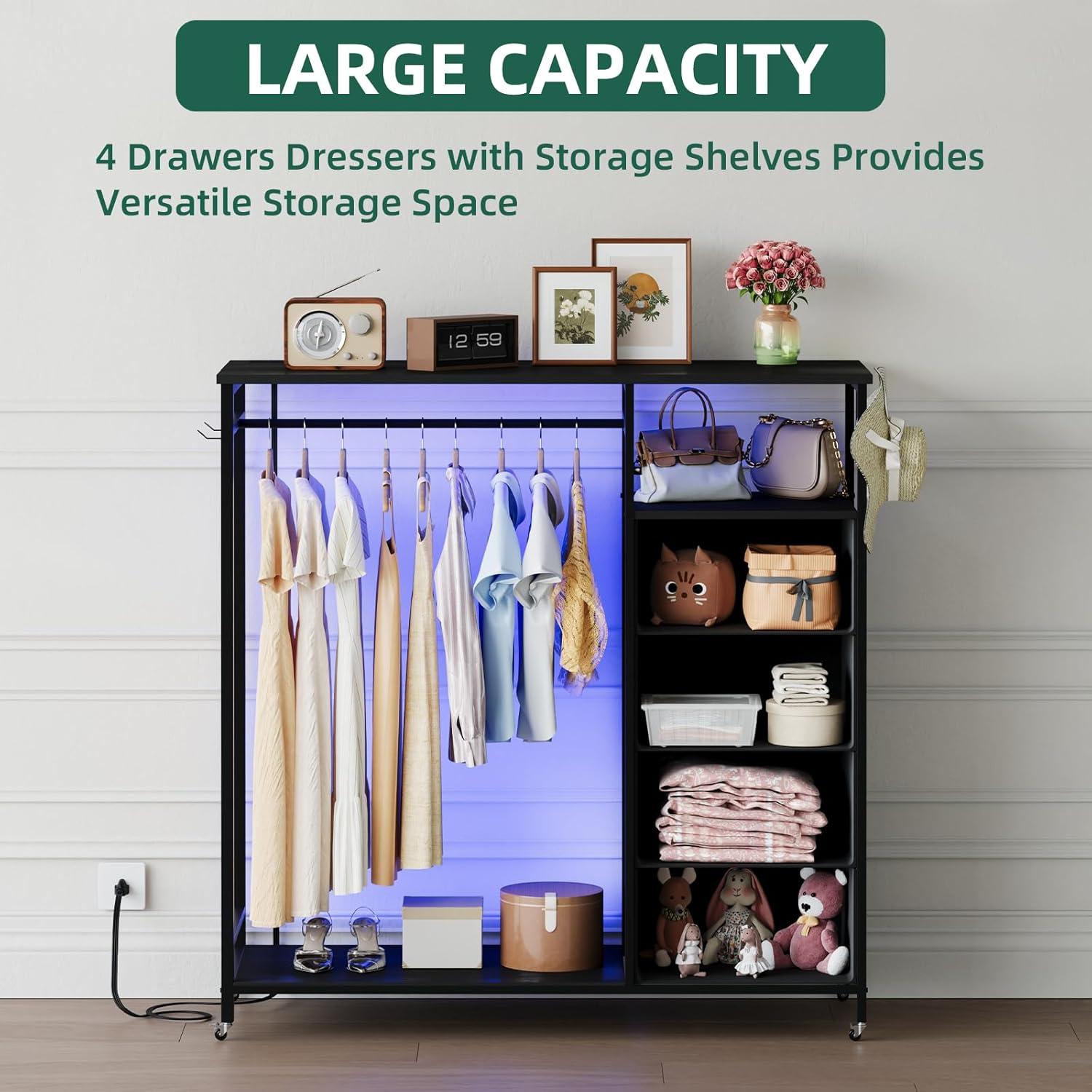 Cómoda Negra Somdot con Rack Colgante y Luces LED 4 Cajones