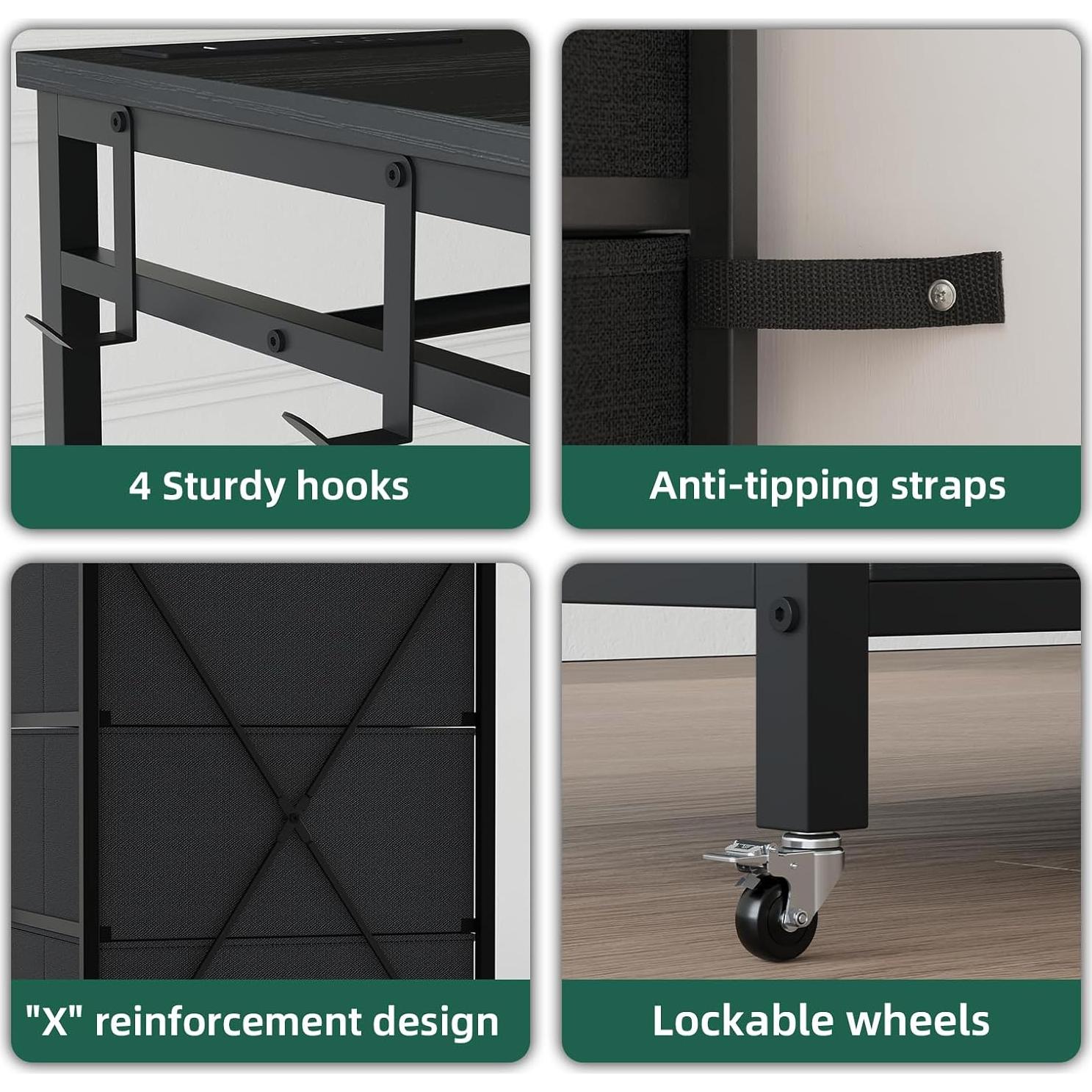 Cómoda Negra Somdot con Rack Colgante y Luces LED 4 Cajones