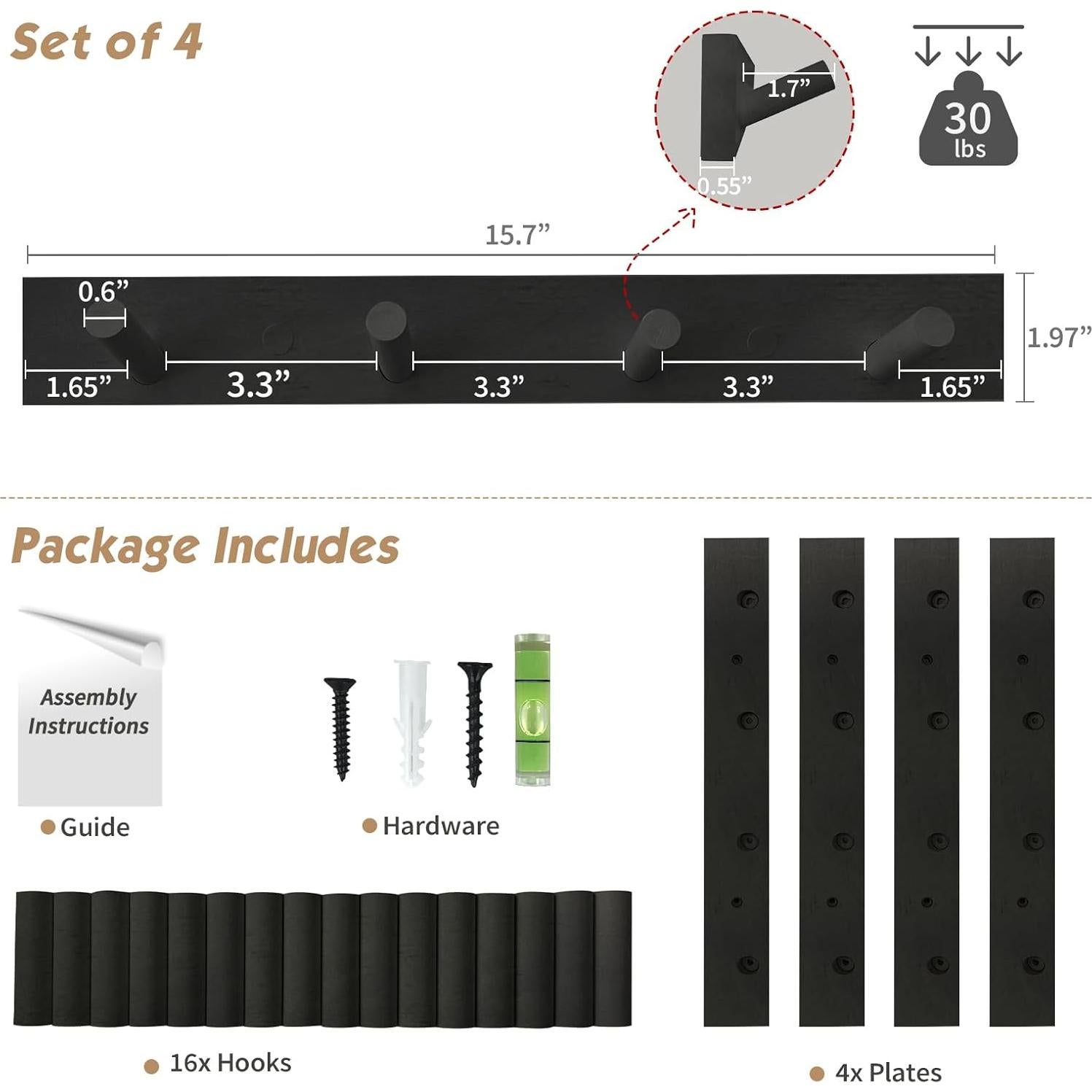 Perchero de Pared Forbena Negro 4 Ganchos 39.9 cm