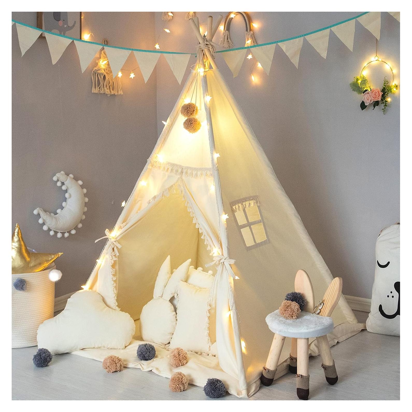 Tienda Tipi para Niños TreeBud Beige con Alfombra y Luces