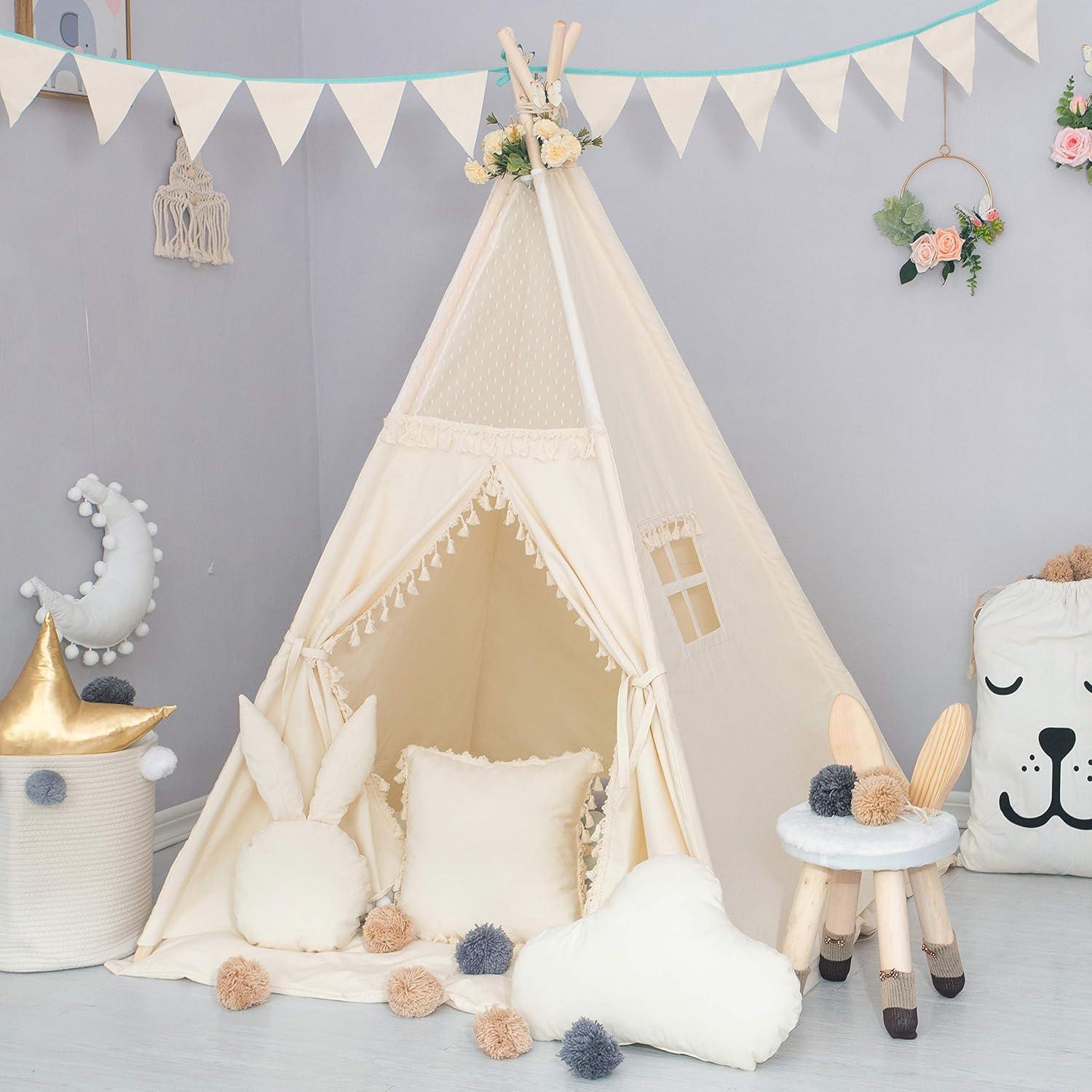Tienda Tipi para Niños TreeBud Beige con Alfombra y Luces