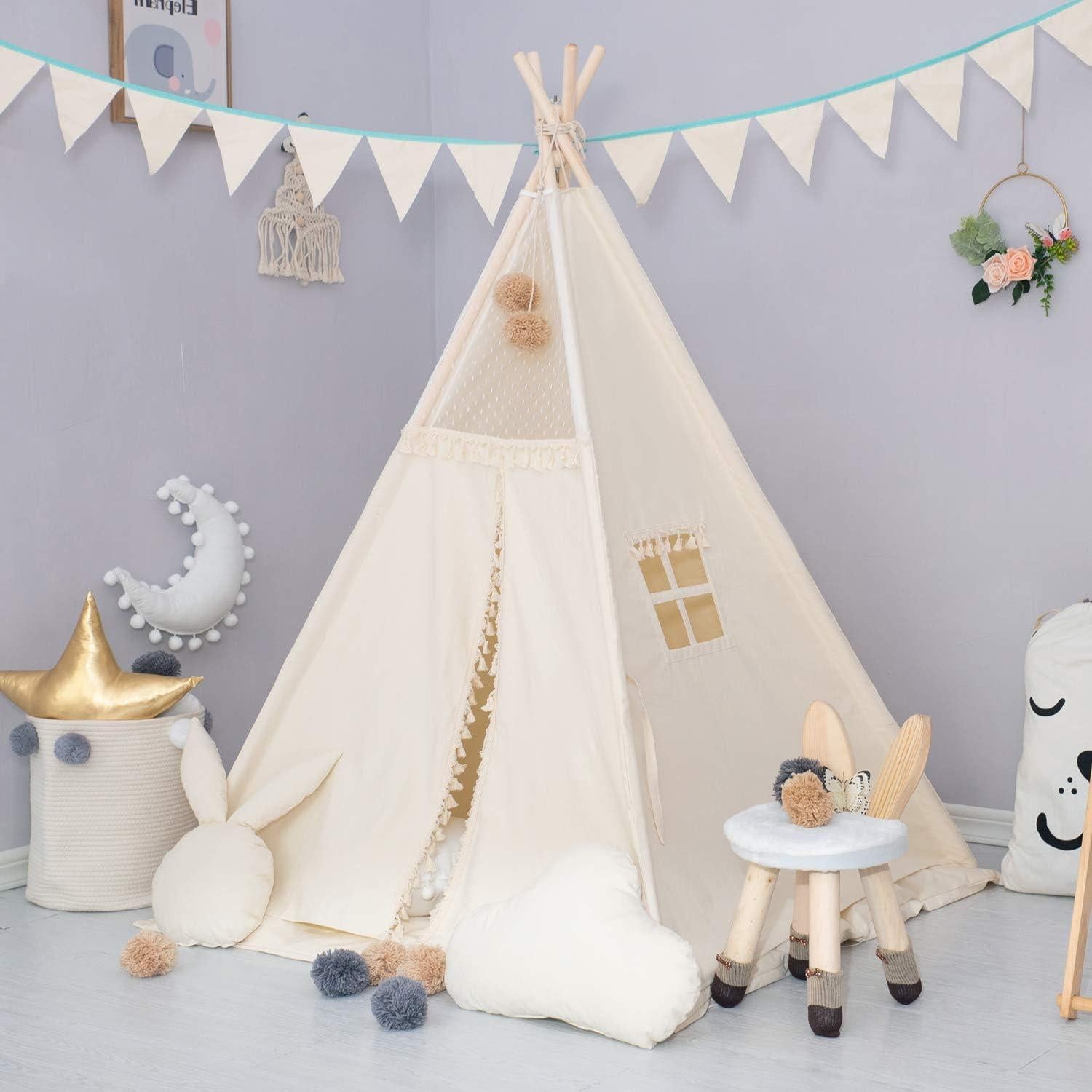 Tienda Tipi para Niños TreeBud Beige con Alfombra y Luces