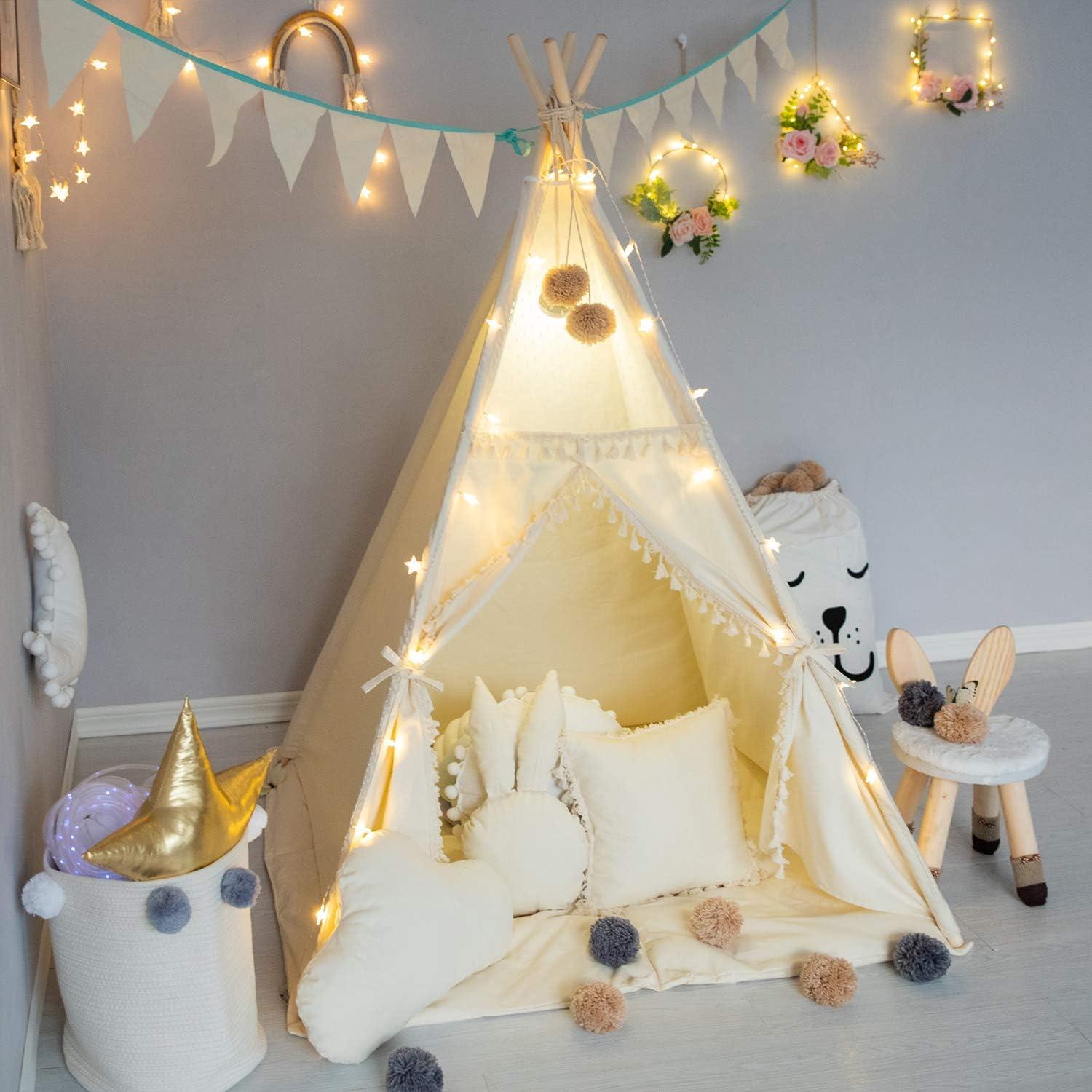 Tienda Tipi para Niños TreeBud Beige con Alfombra y Luces