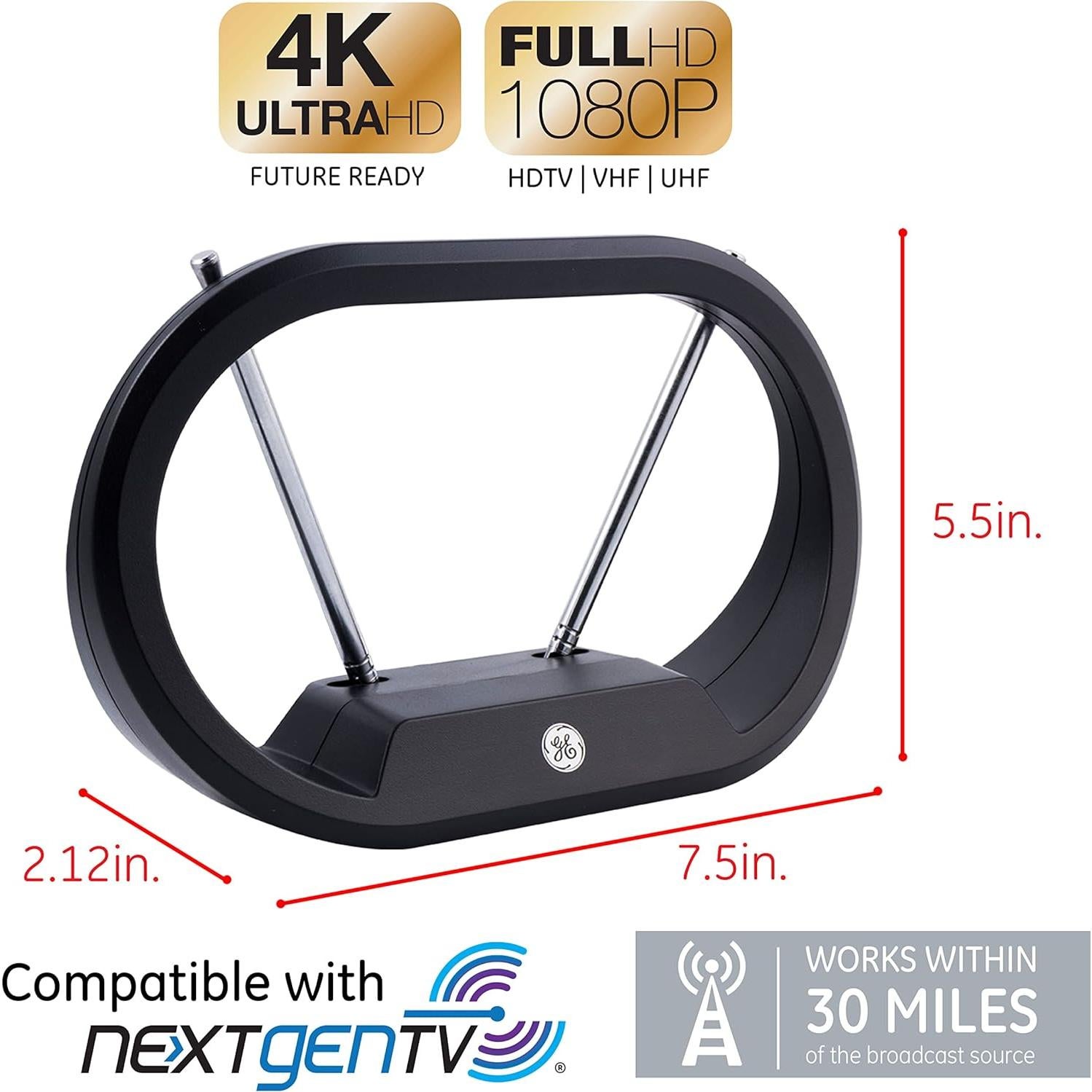 Antena de TV Interior GE Modern Loop 4K HD VHF UHF 33675