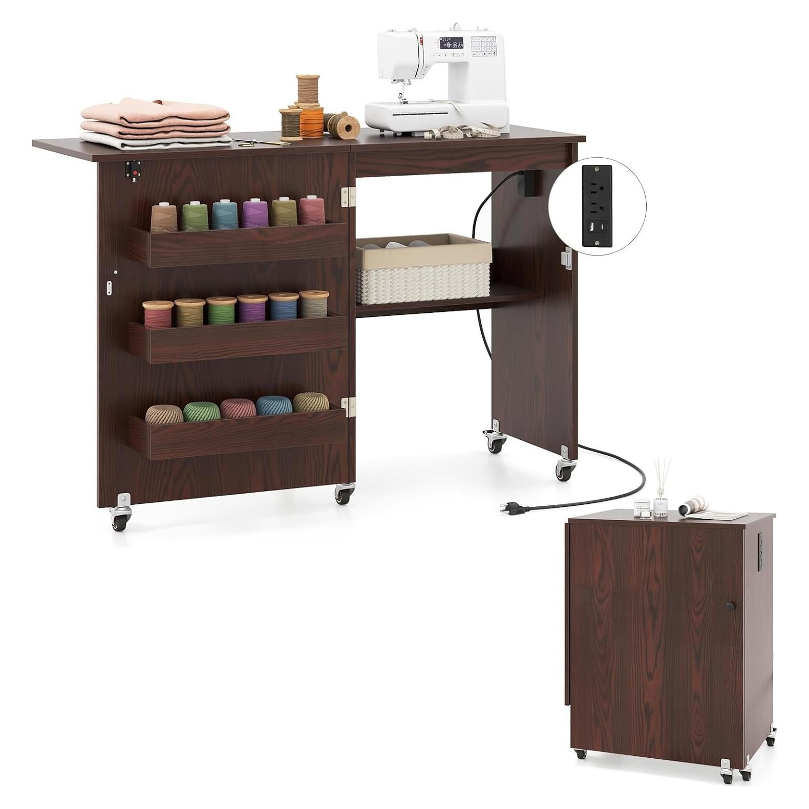 Mesa de Costura Plegable DORTALA con Estación de Carga y Almacenamiento