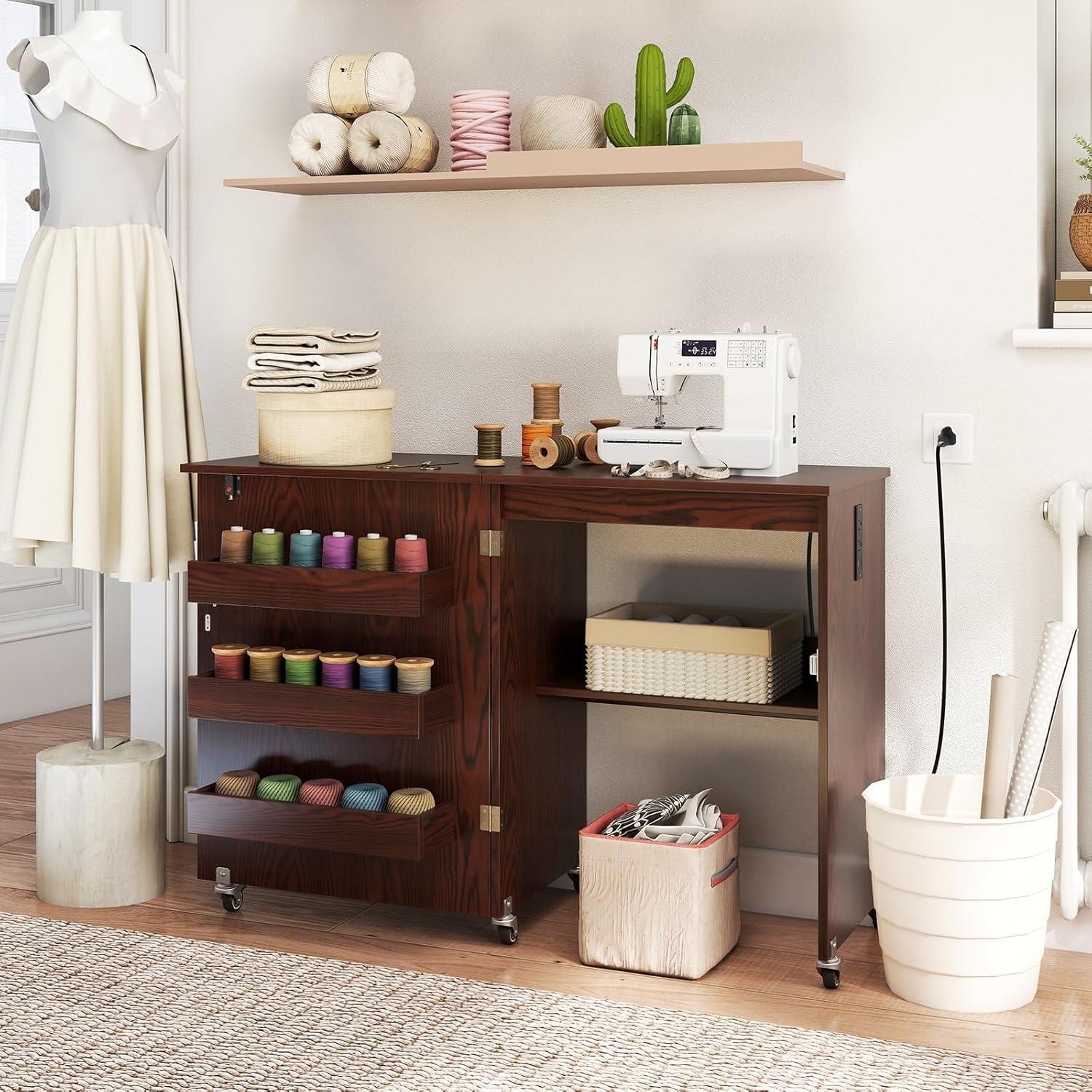 Mesa de Costura Plegable DORTALA con Estación de Carga y Almacenamiento