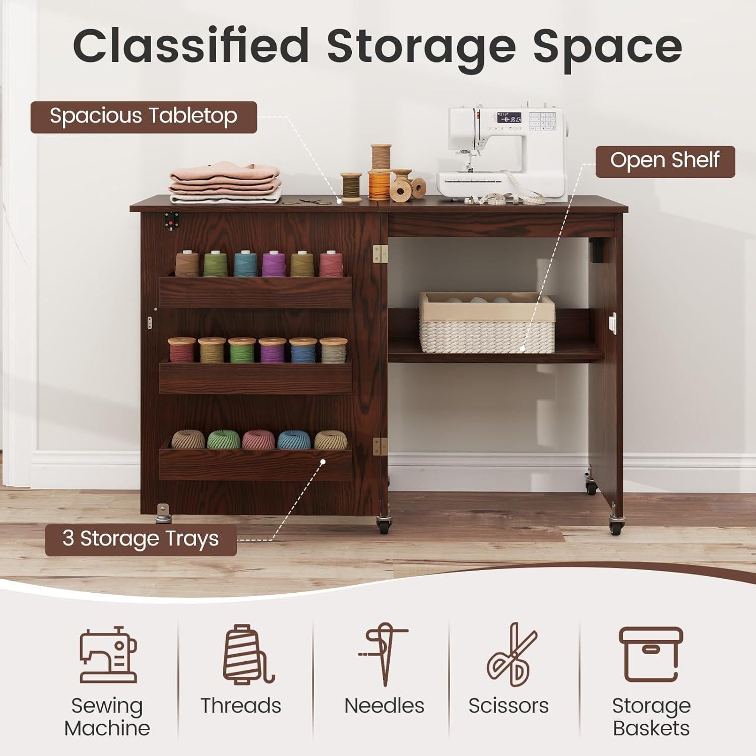 Mesa de Costura Plegable DORTALA con Estación de Carga y Almacenamiento