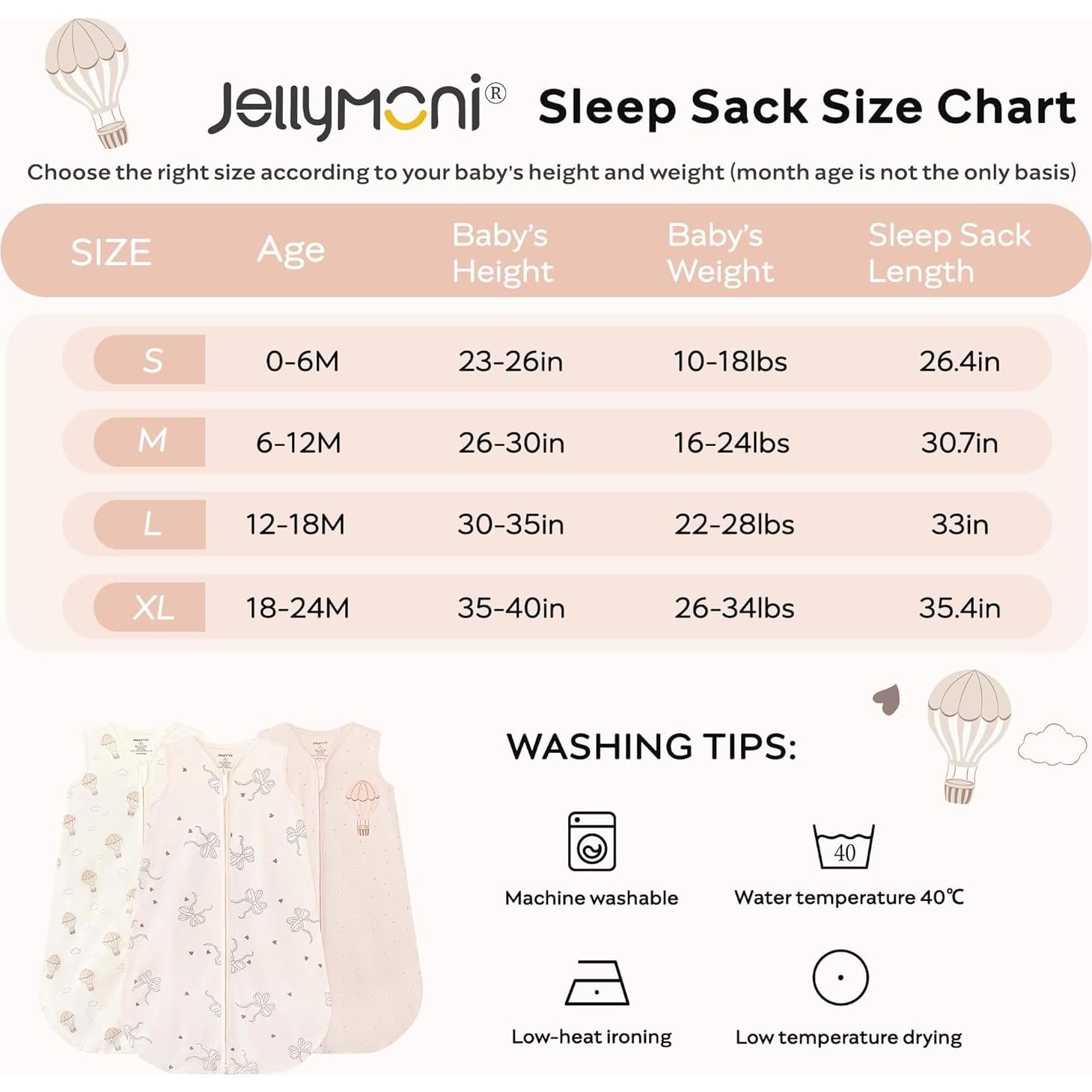 Saco de Sueño JELLYMONI Bebés 0-6 Meses 100% Algodón 3 Piezas