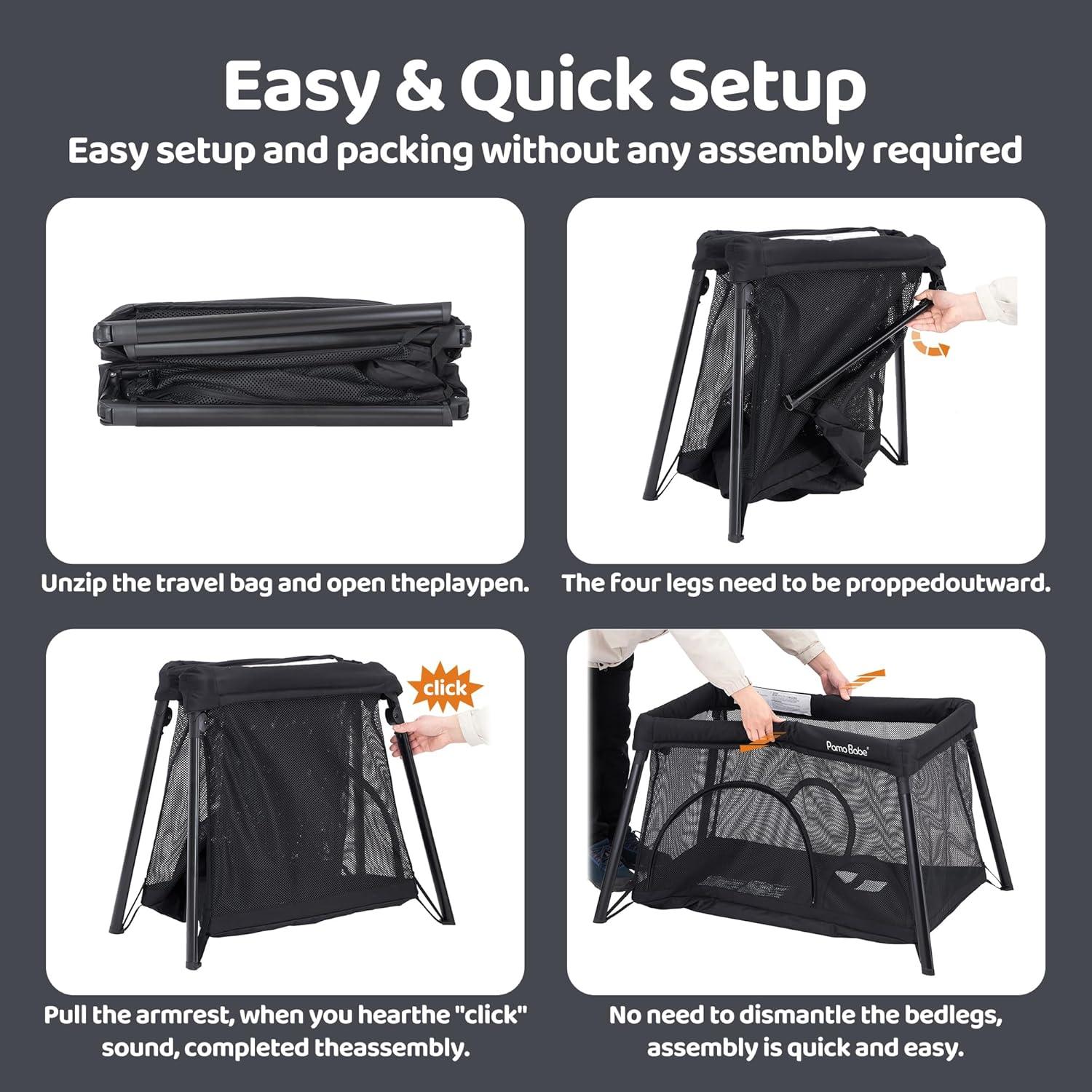 Cuna de viaje Pamo Babe con moisés extraíble, negra