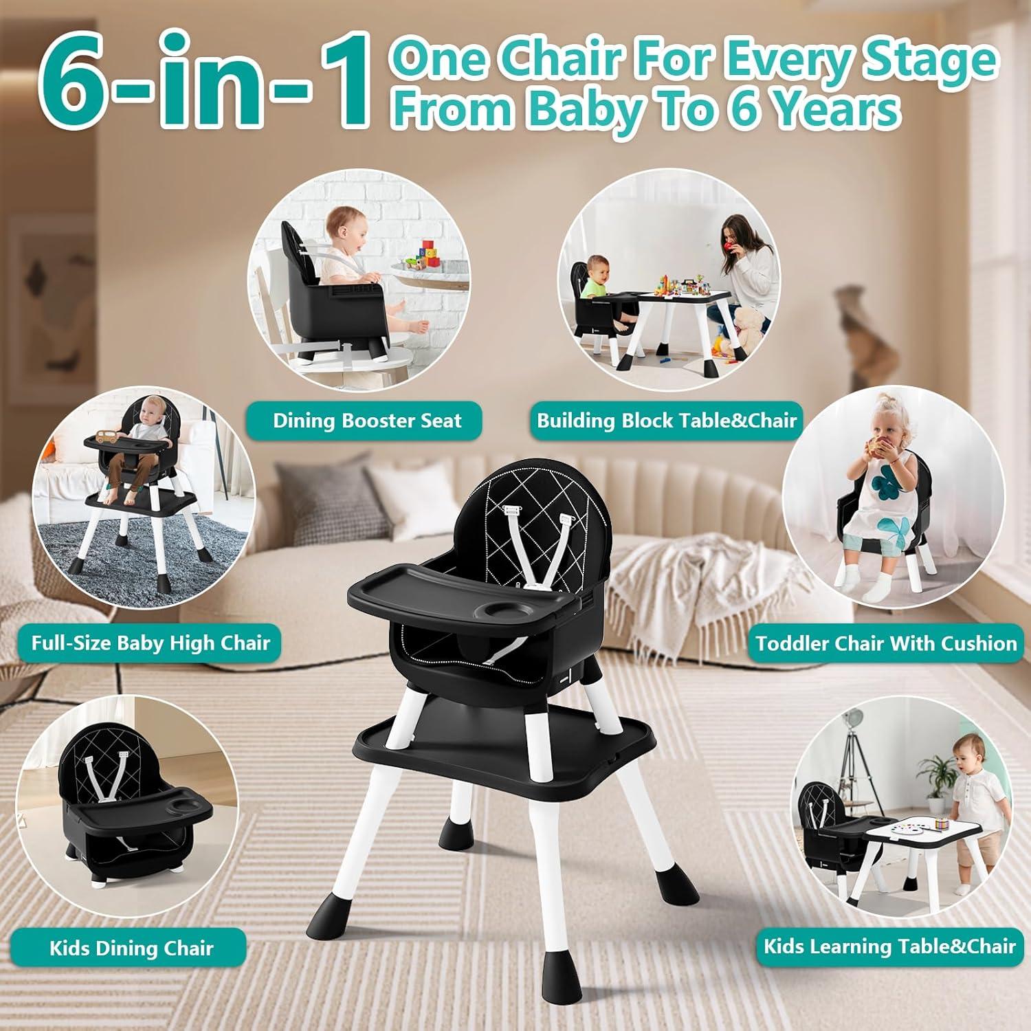 Silla Alta 6 en 1 para Bebés y Niños - Negro, Asiento Elevador