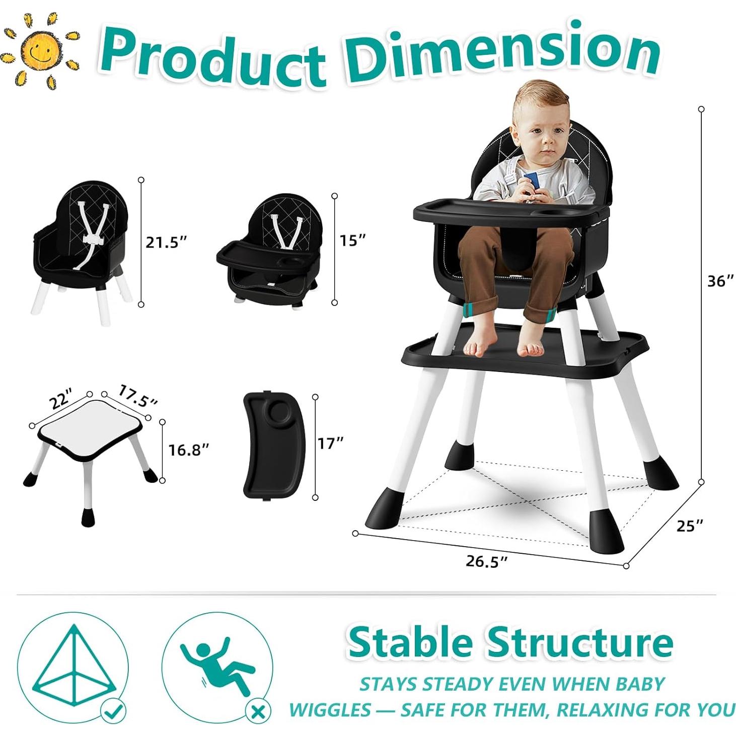 Silla Alta 6 en 1 para Bebés y Niños - Negro, Asiento Elevador