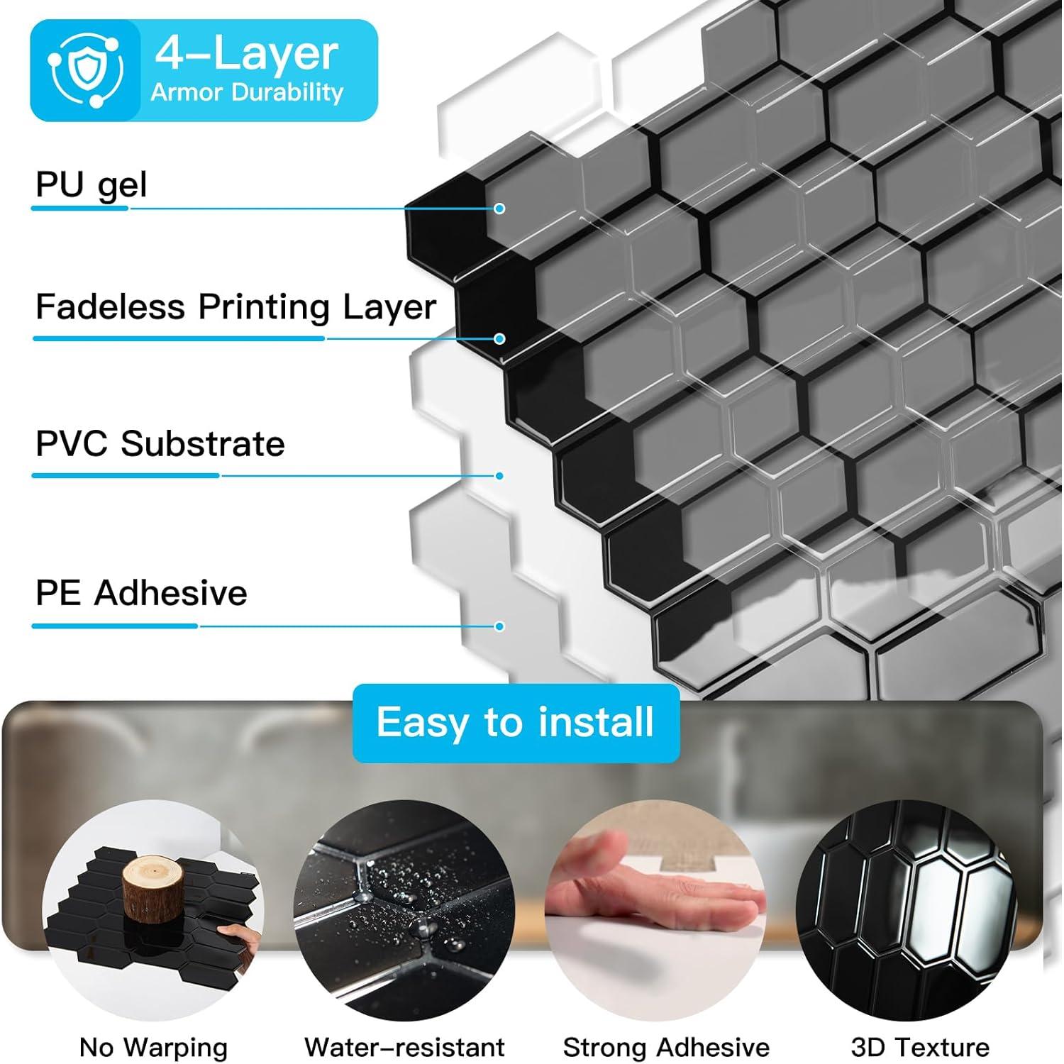 Azulejos de Vinilo Autoadhesivos Art3d 10 Piezas 30.48x30.48cm Negro