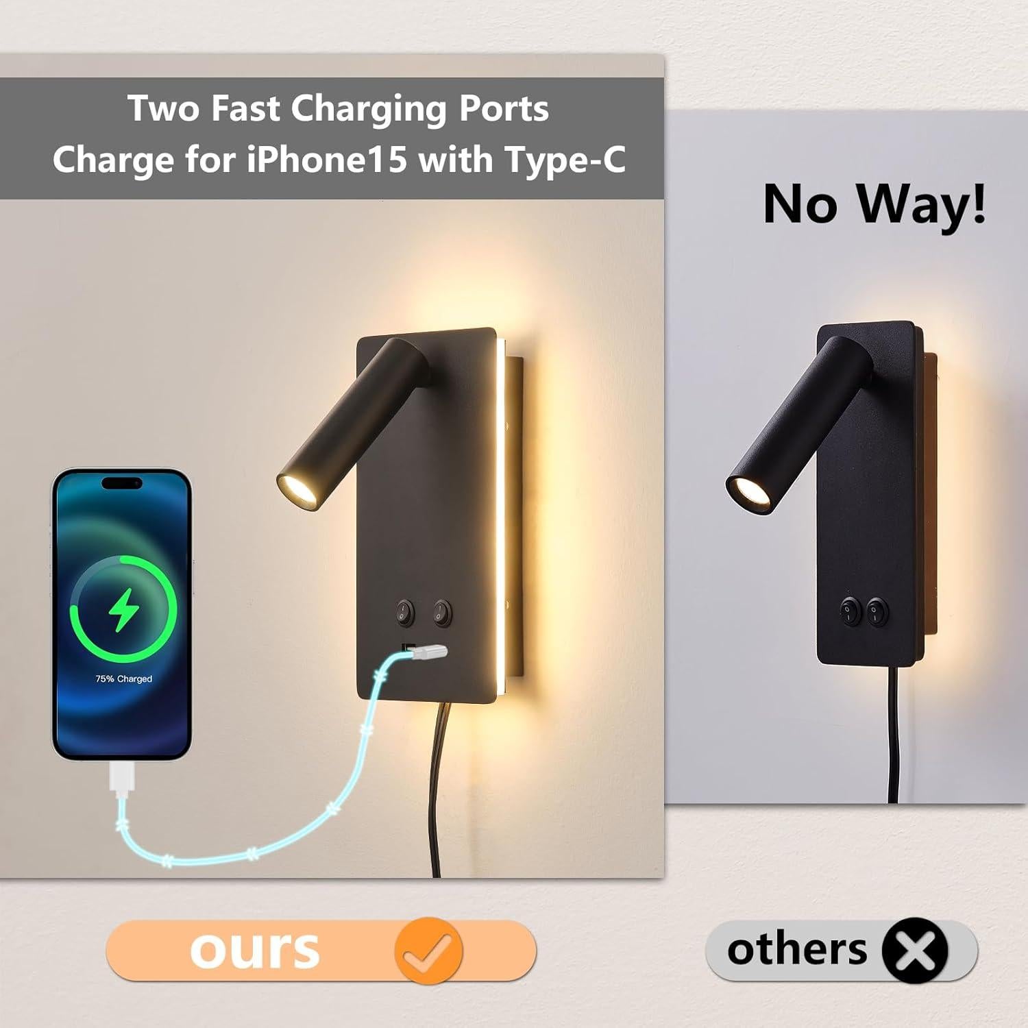 Lámpara de Lectura LED de Pared MOLUOLA S07G con USB y 3 Brillos