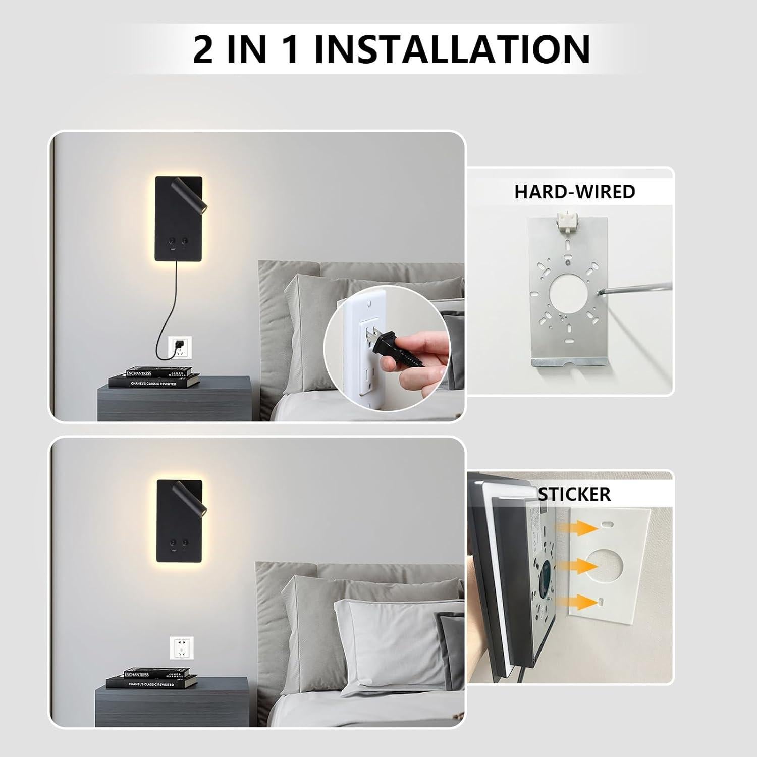 Lámpara de Lectura LED de Pared MOLUOLA S07G con USB y 3 Brillos