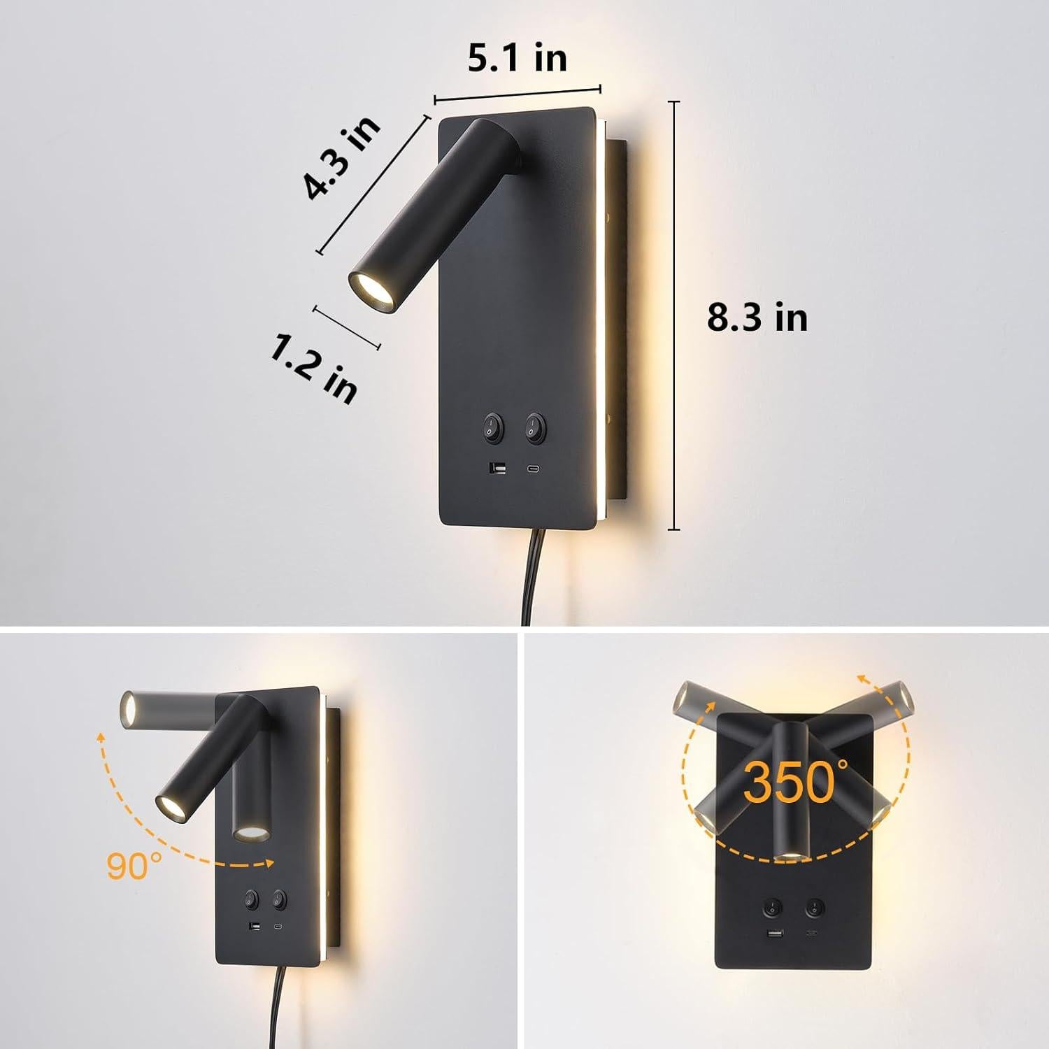Lámpara de Lectura LED de Pared MOLUOLA S07G con USB y 3 Brillos