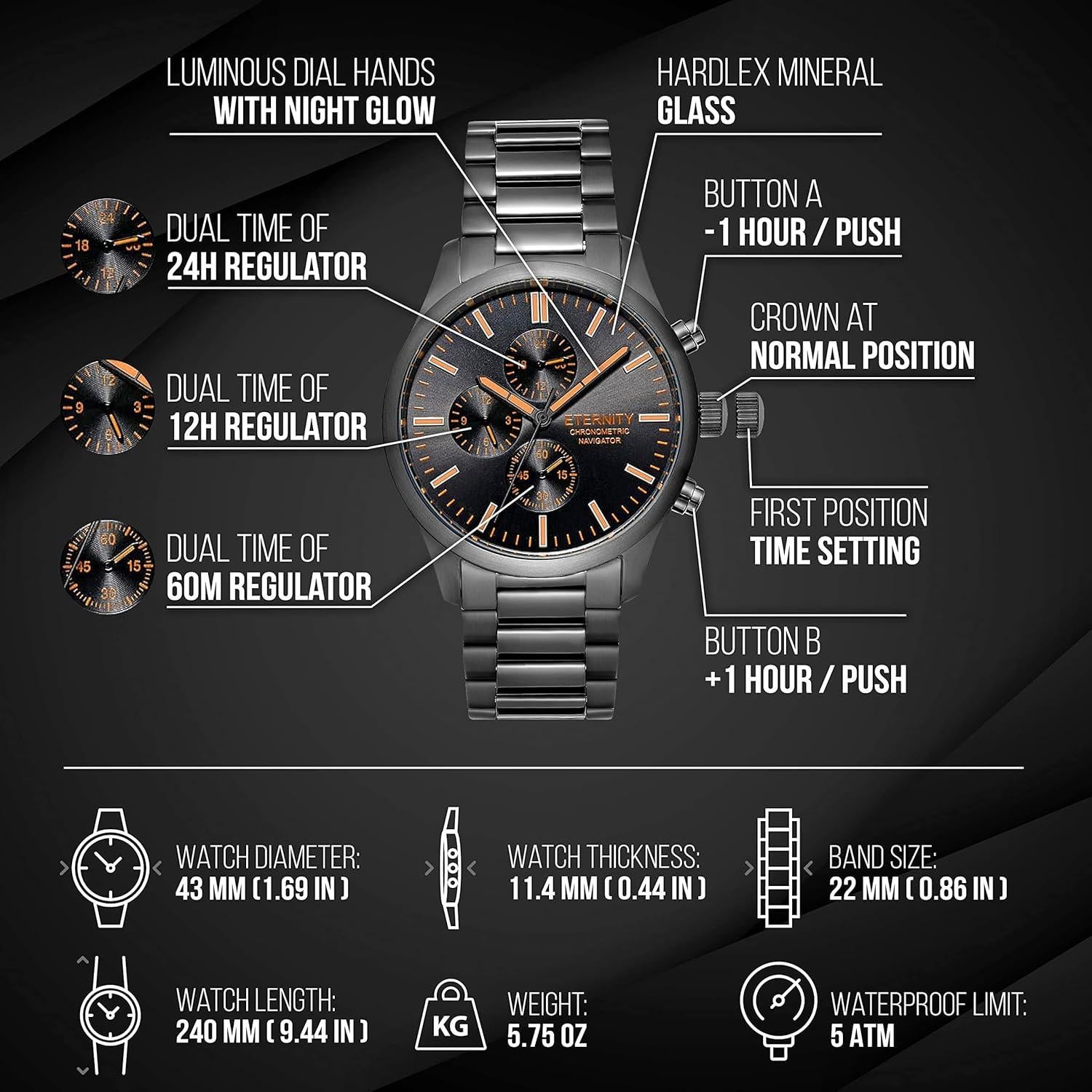 Reloj de pulsera multifuncional Eternity para hombres, acero inoxidable