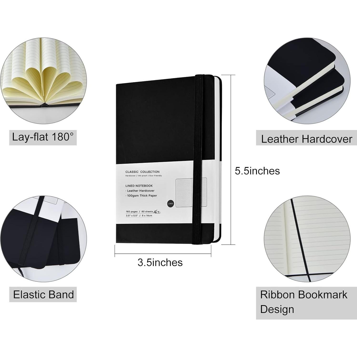 Cuadernos de Bolsillo Coopay A6 Tapa Dura 4 Paquete Negro