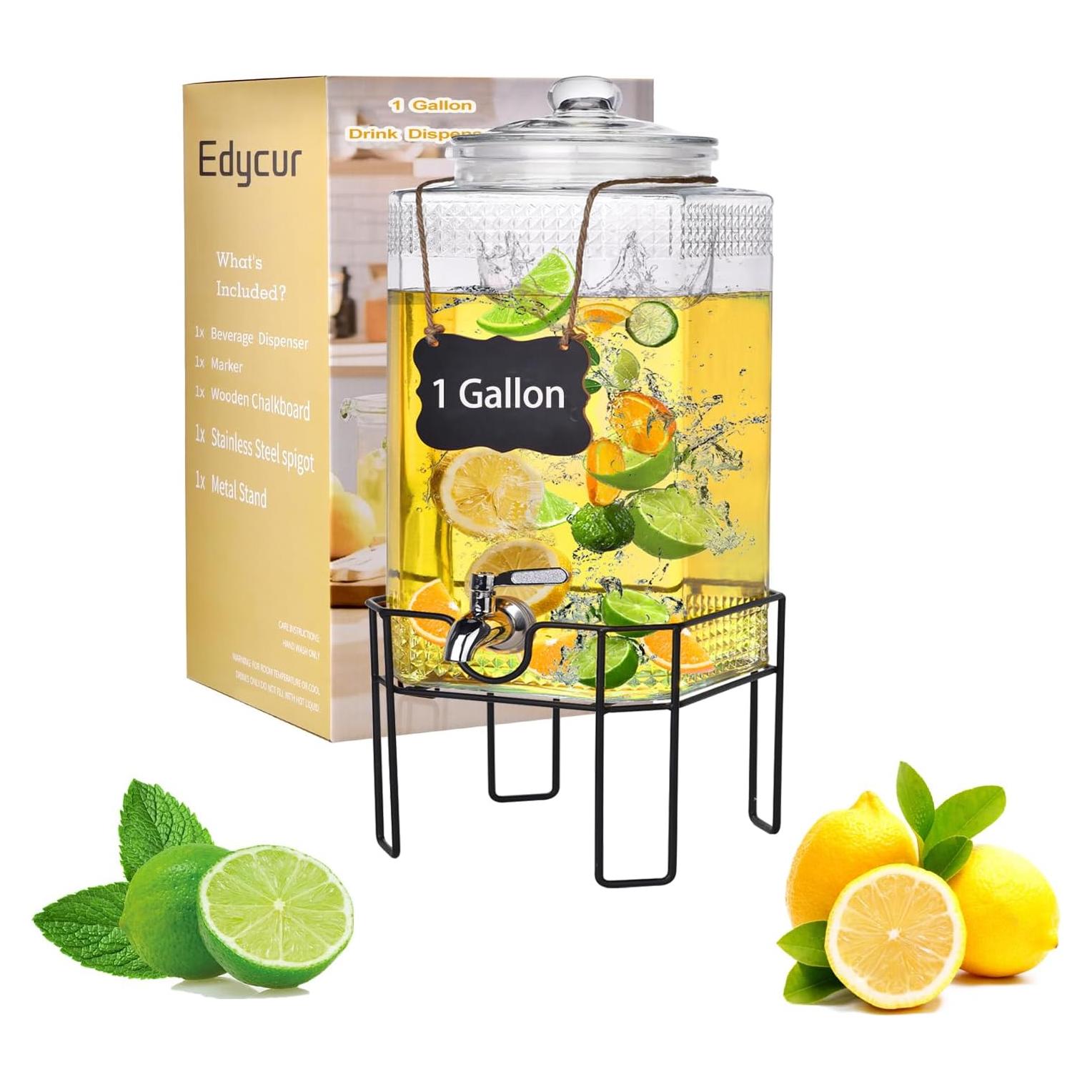Dispensador de Bebidas de Vidrio Edycur 3.78L con Grifo Antifugas