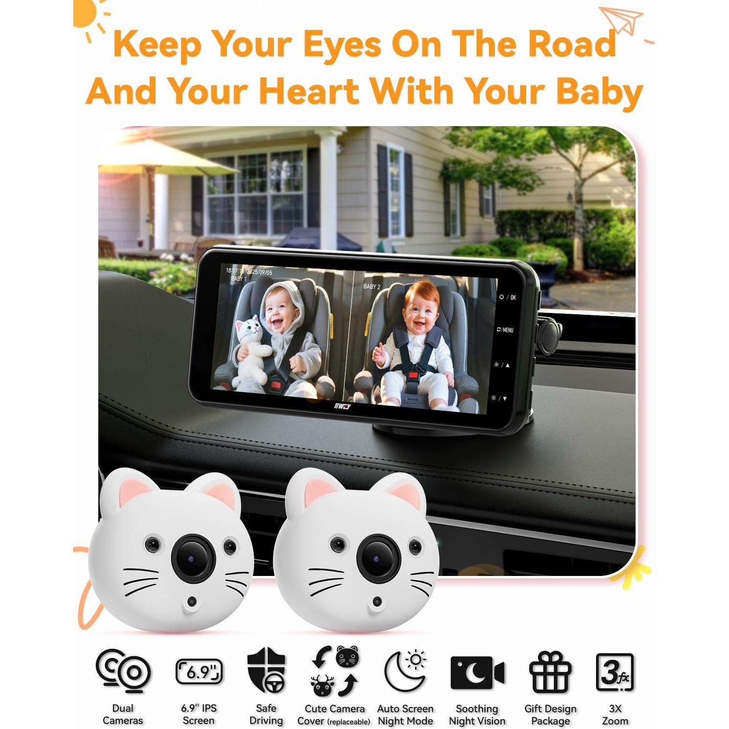 Cámara de Auto para Bebés IIWEY Doble 1080P HD 7.2"