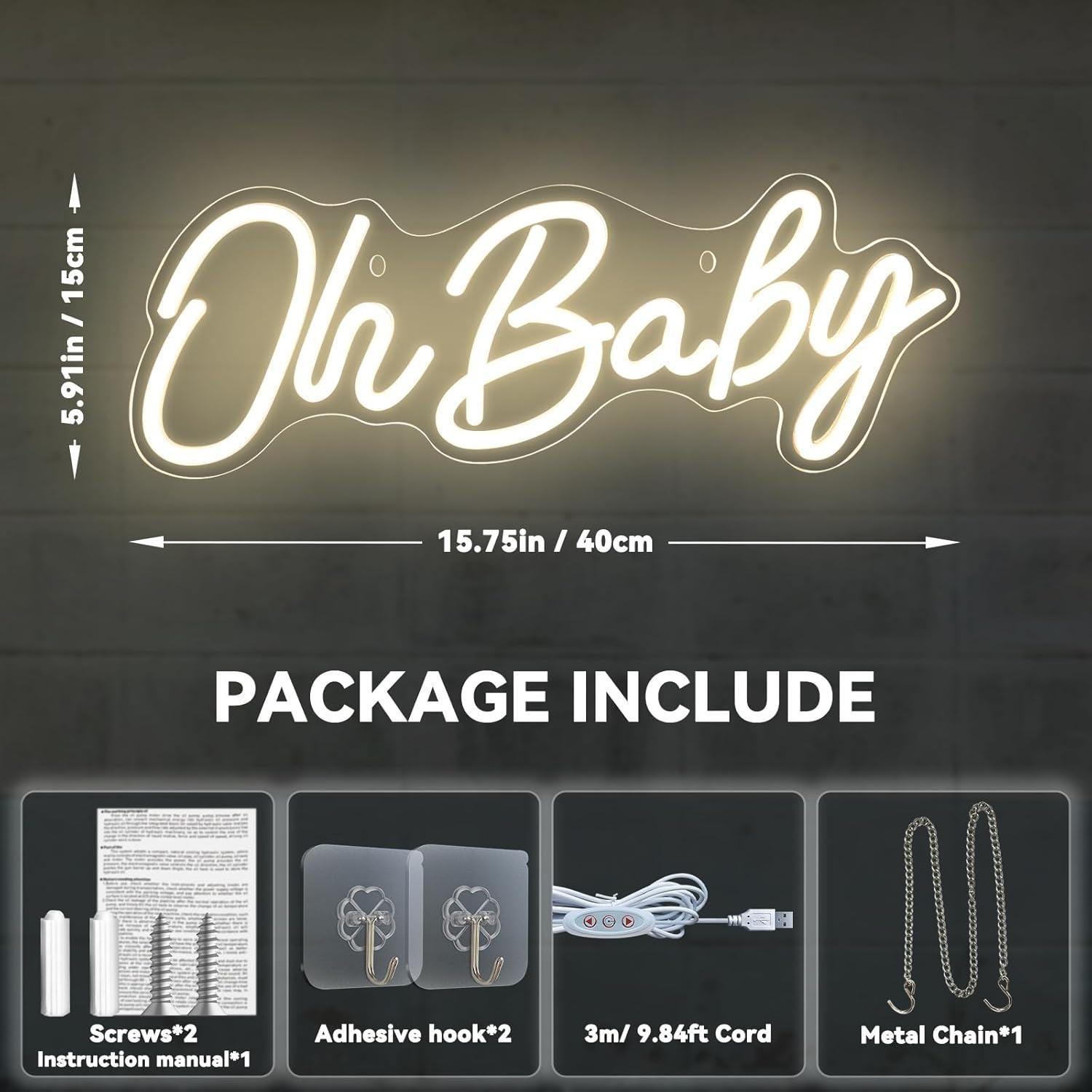 Luz de Neón LED Oh Baby para Decoración de Pared 38x15cm