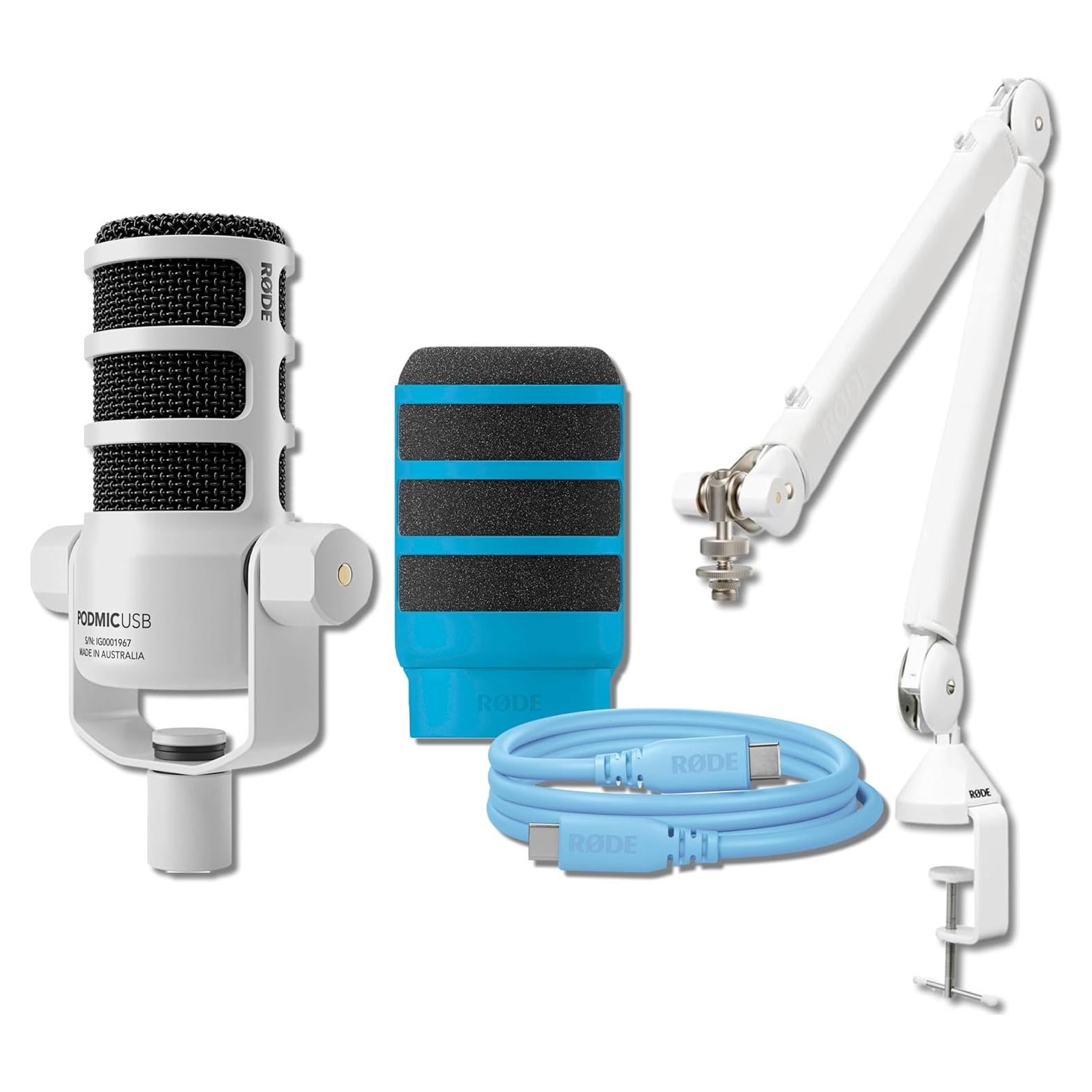 Micrófono Rode PodMic USB + Brazo PSA1+ Blanco - Paquete Azul