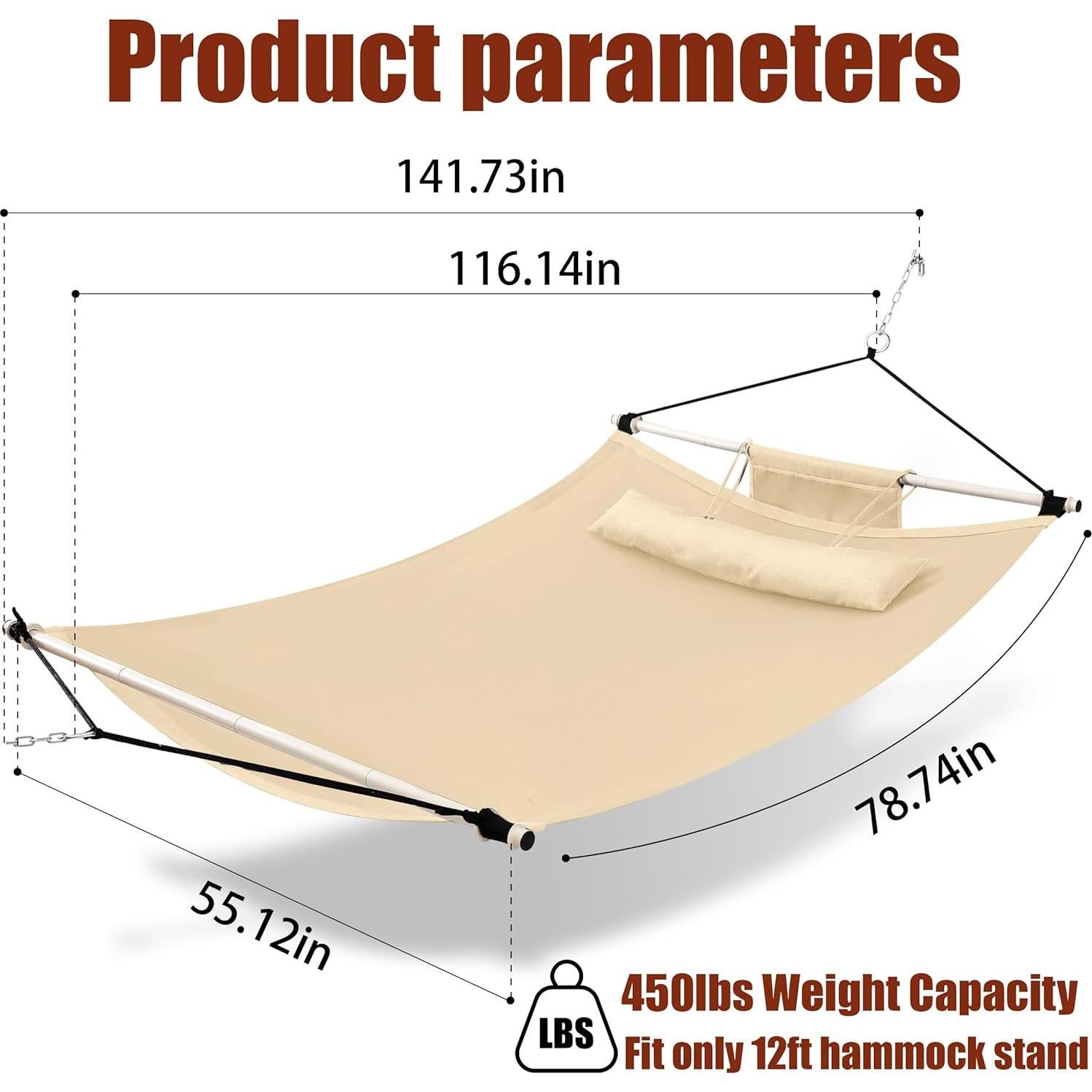 Hamaca TegerDeger 12FT Anti-vuelco Beige 204kg con Barra de Hierro