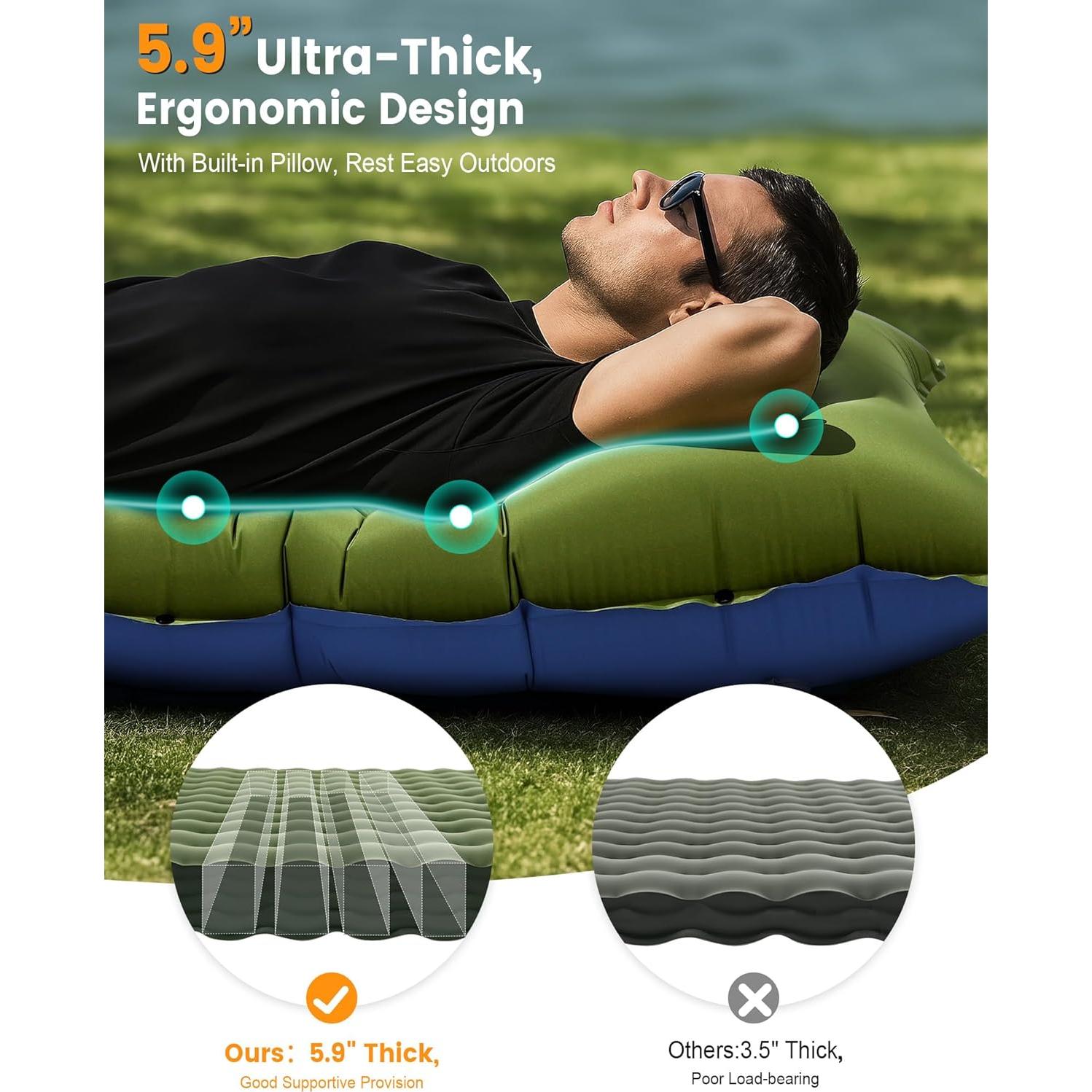 Colchoneta de Camping LLUAII Autoinflable 200x75x15 cm Verde