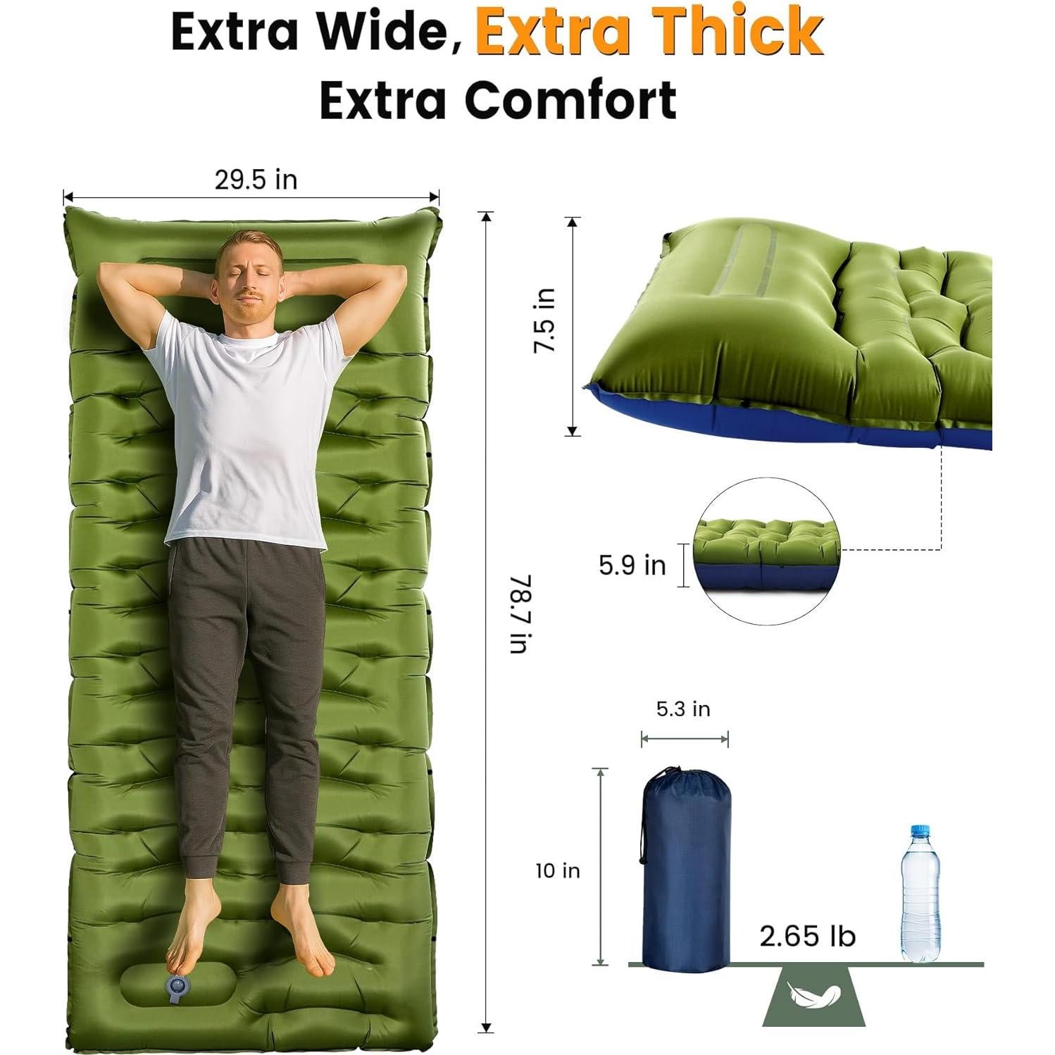 Colchoneta de Camping LLUAII Autoinflable 200x75x15 cm Verde