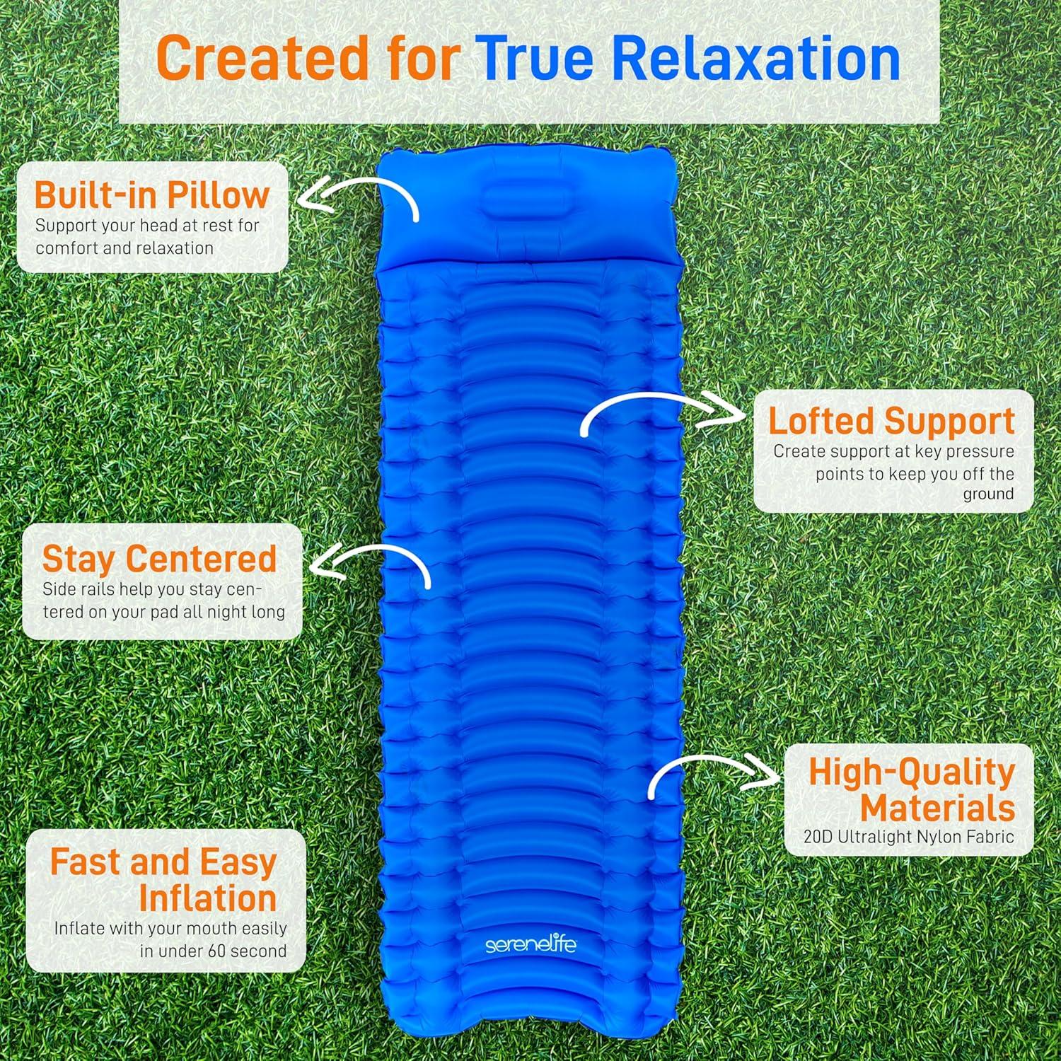 Almohadilla de Dormir Inflable SereneLife 190.5x66 cm Azul