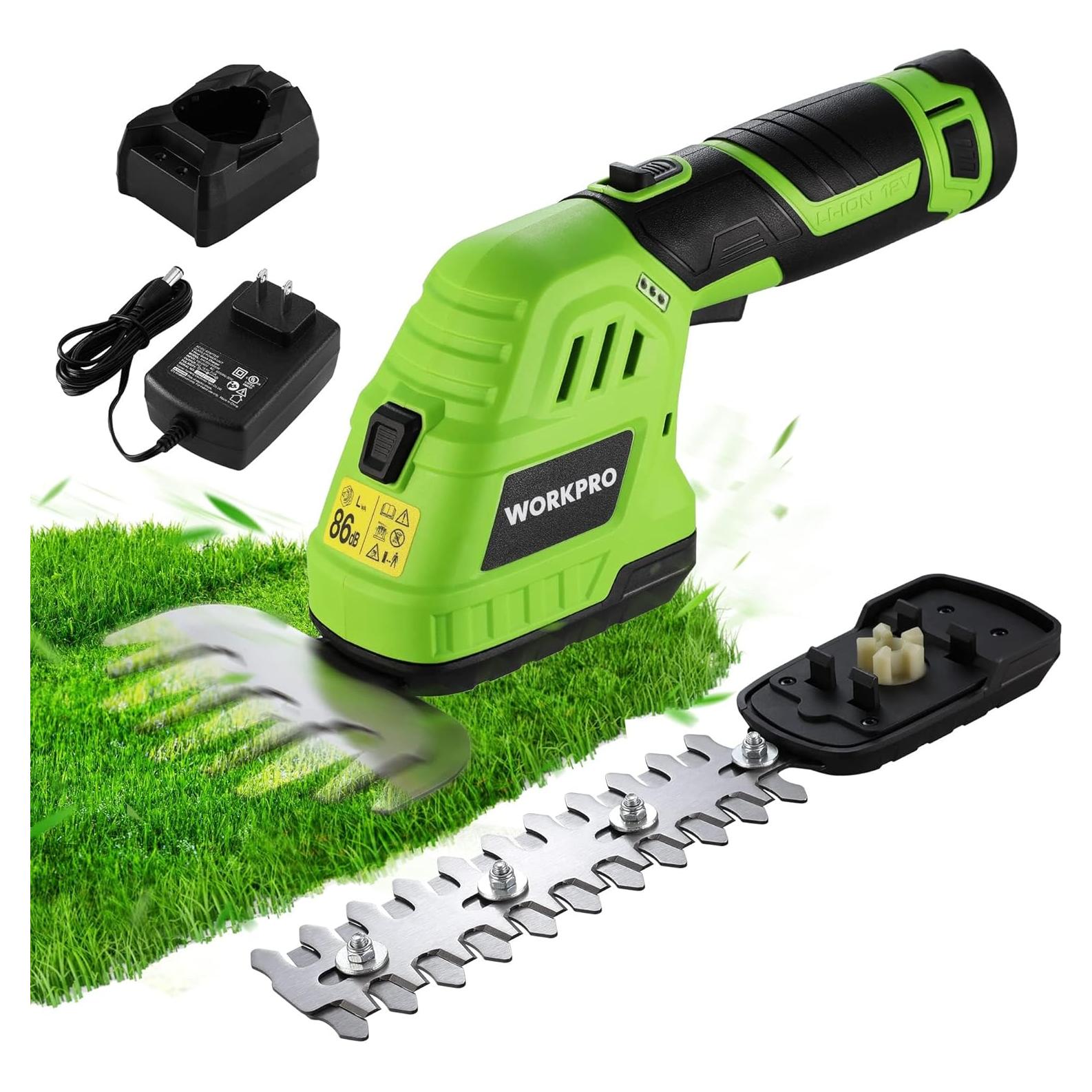 WORKPRO 12V Cordless Grass Shear & Shrubbery Trimmer - 2 in 1 Handheld Hedge Trimmer, Electric Grass Cutter with 2.0Ah Rechargeable Lithium-Ion Battery & 1 Hour Fast Charger