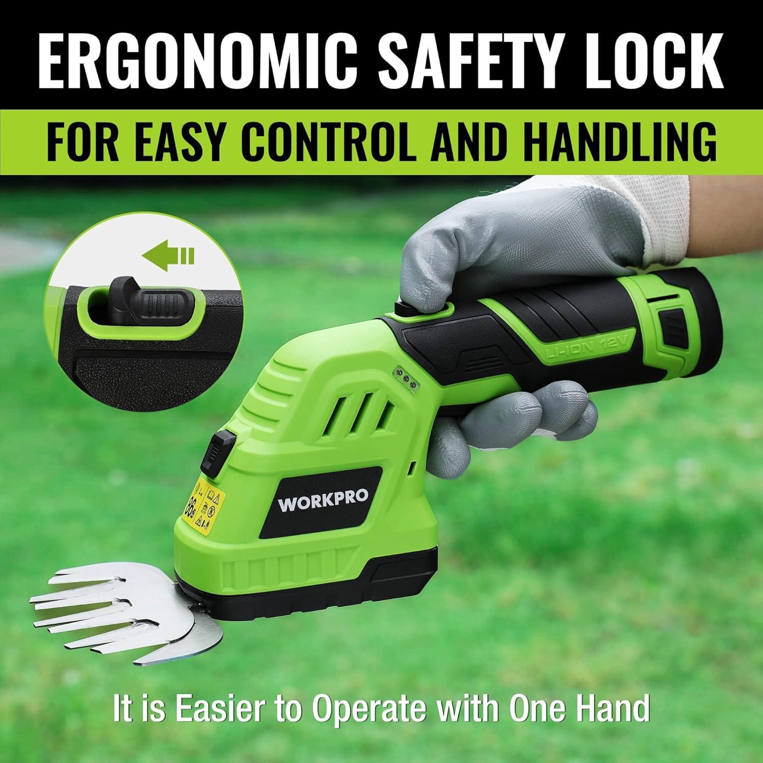 WORKPRO 12V Cordless Grass Shear & Shrubbery Trimmer - 2 in 1 Handheld Hedge Trimmer, Electric Grass Cutter with 2.0Ah Rechargeable Lithium-Ion Battery & 1 Hour Fast Charger