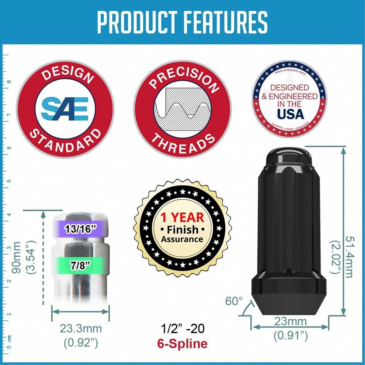 Tuercas de Rueda 20 Pcs 1/2"-20 Negro Cromo para Camiones