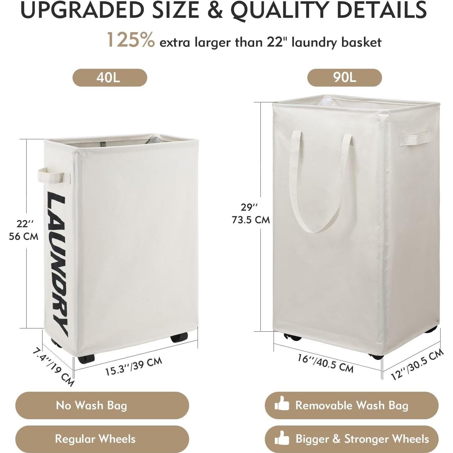 Cesta de Ropa Plegable DOKEHOM 90L con Ruedas Beige