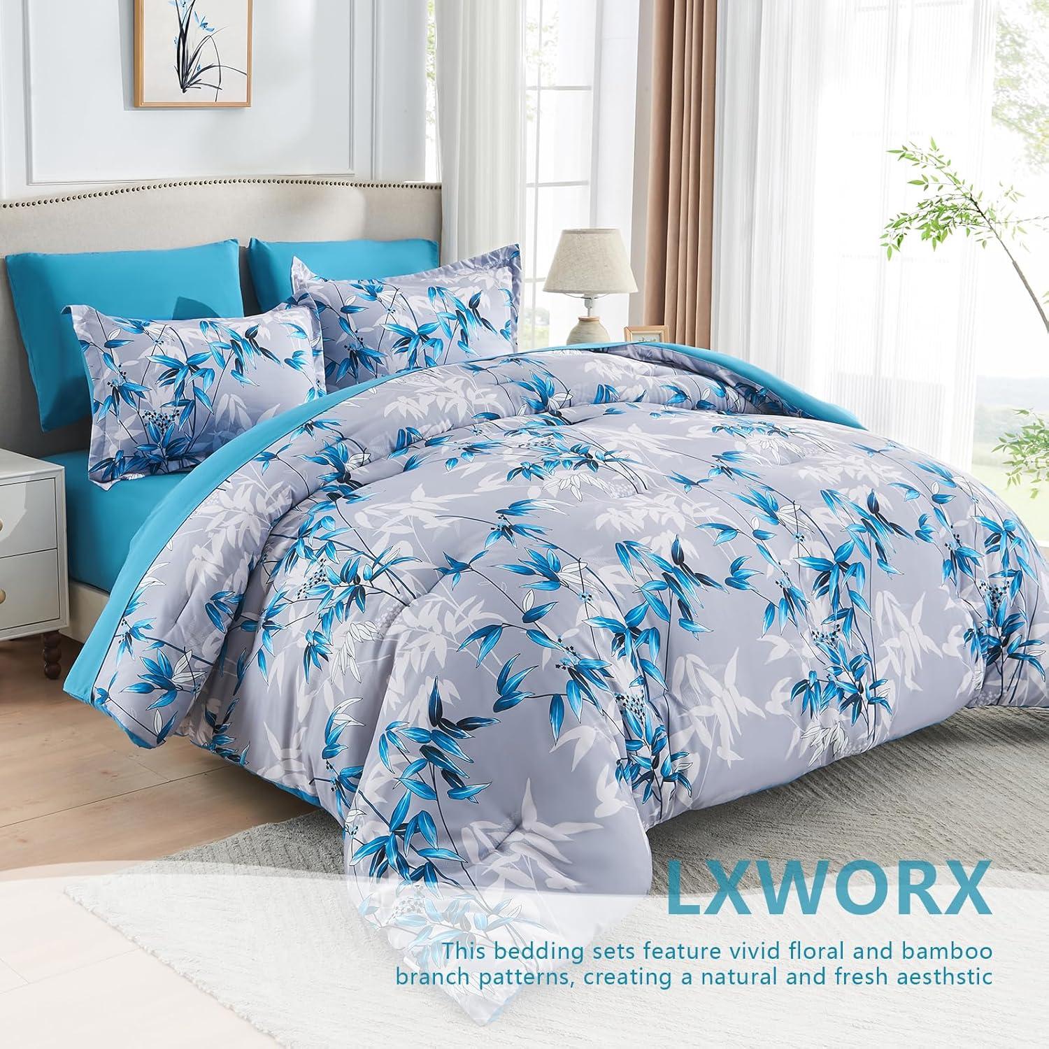 Juego de Edredón Reina LXWORX 7 Piezas Azul Hoja Botánica