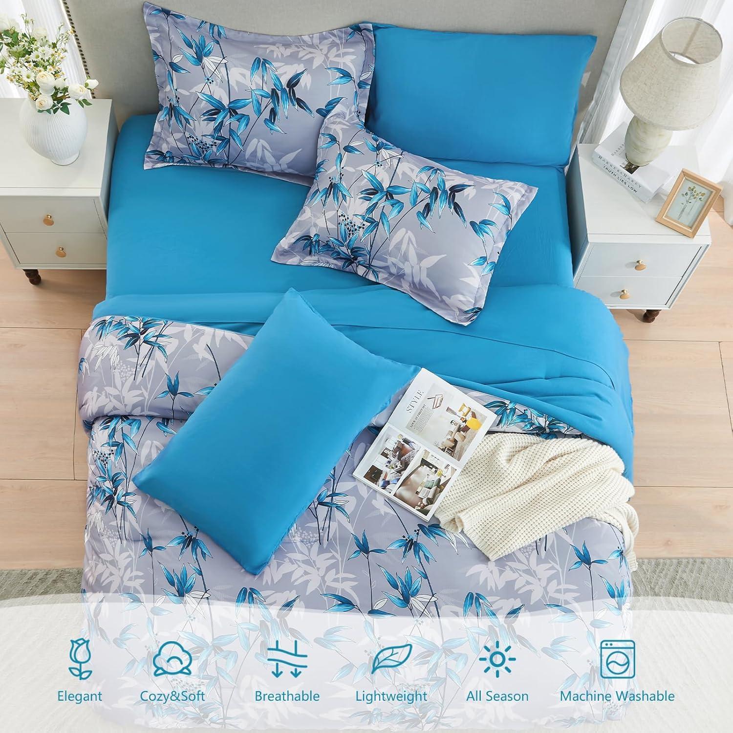 Juego de Edredón Reina LXWORX 7 Piezas Azul Hoja Botánica