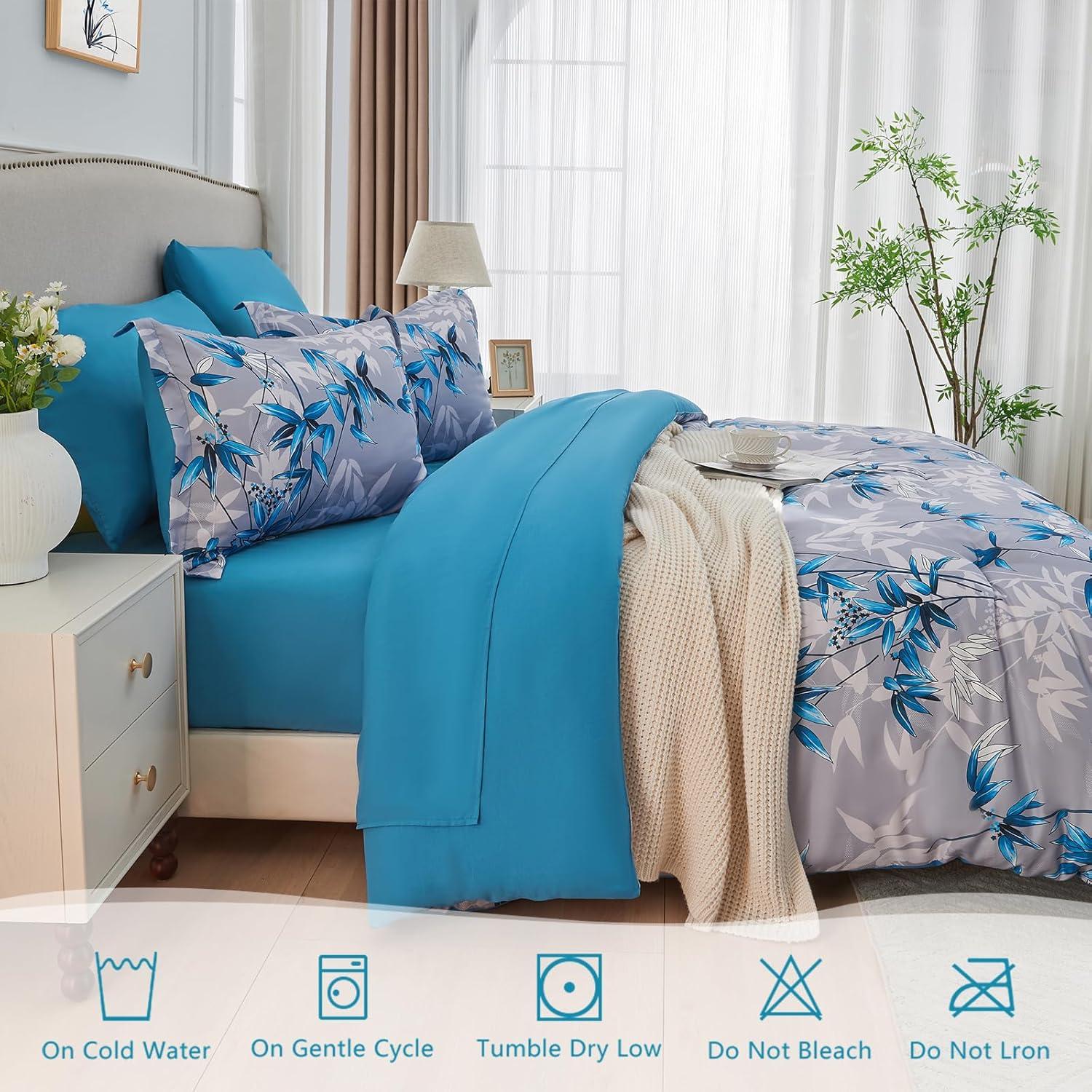 Juego de Edredón Reina LXWORX 7 Piezas Azul Hoja Botánica