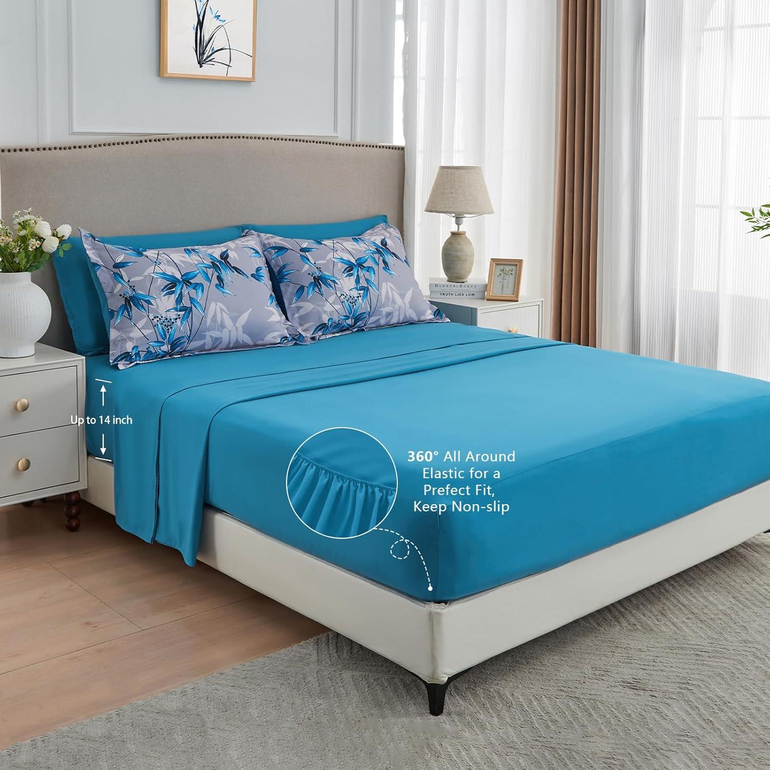 Juego de Edredón Reina LXWORX 7 Piezas Azul Hoja Botánica