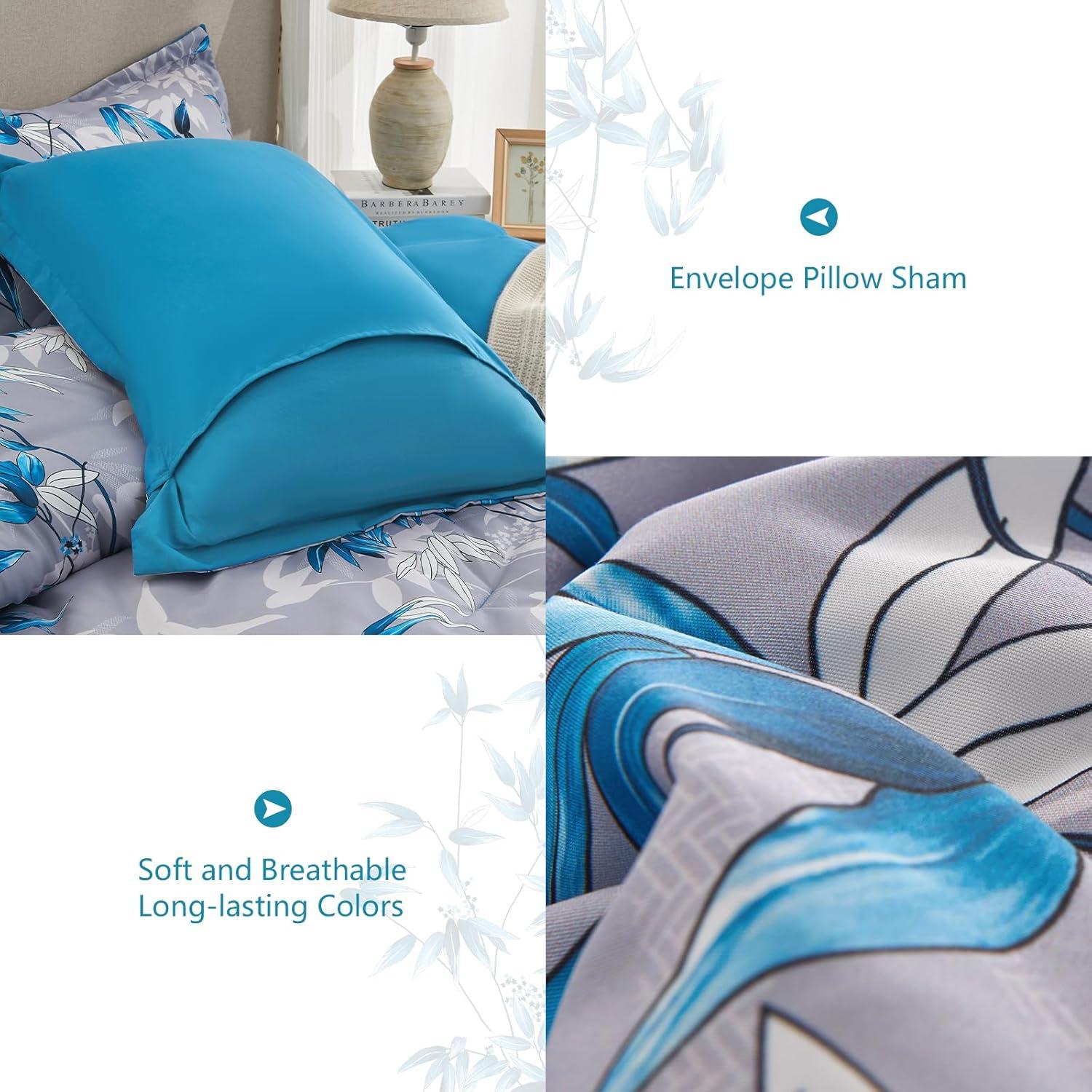 Juego de Edredón Reina LXWORX 7 Piezas Azul Hoja Botánica