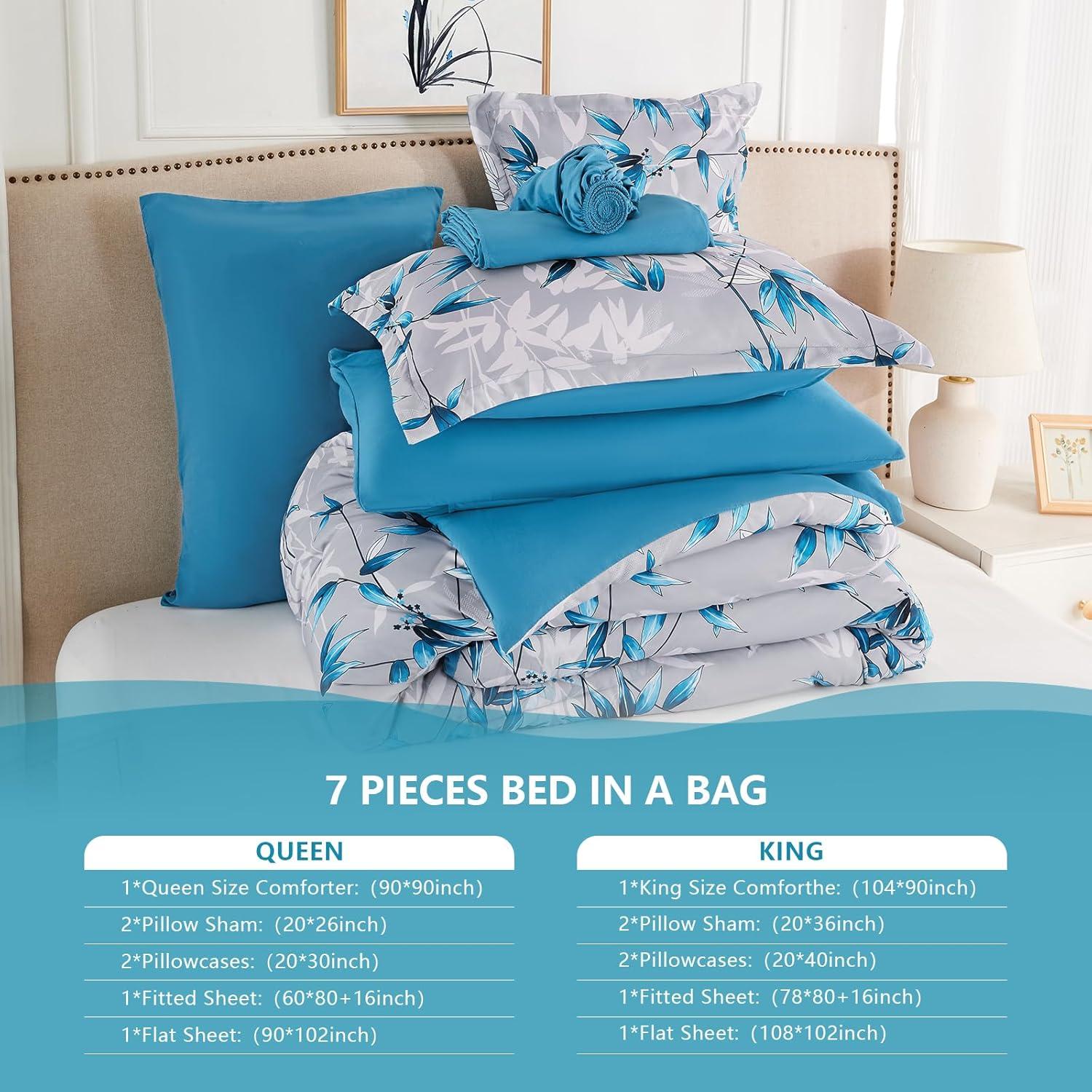 Juego de Edredón Reina LXWORX 7 Piezas Azul Hoja Botánica
