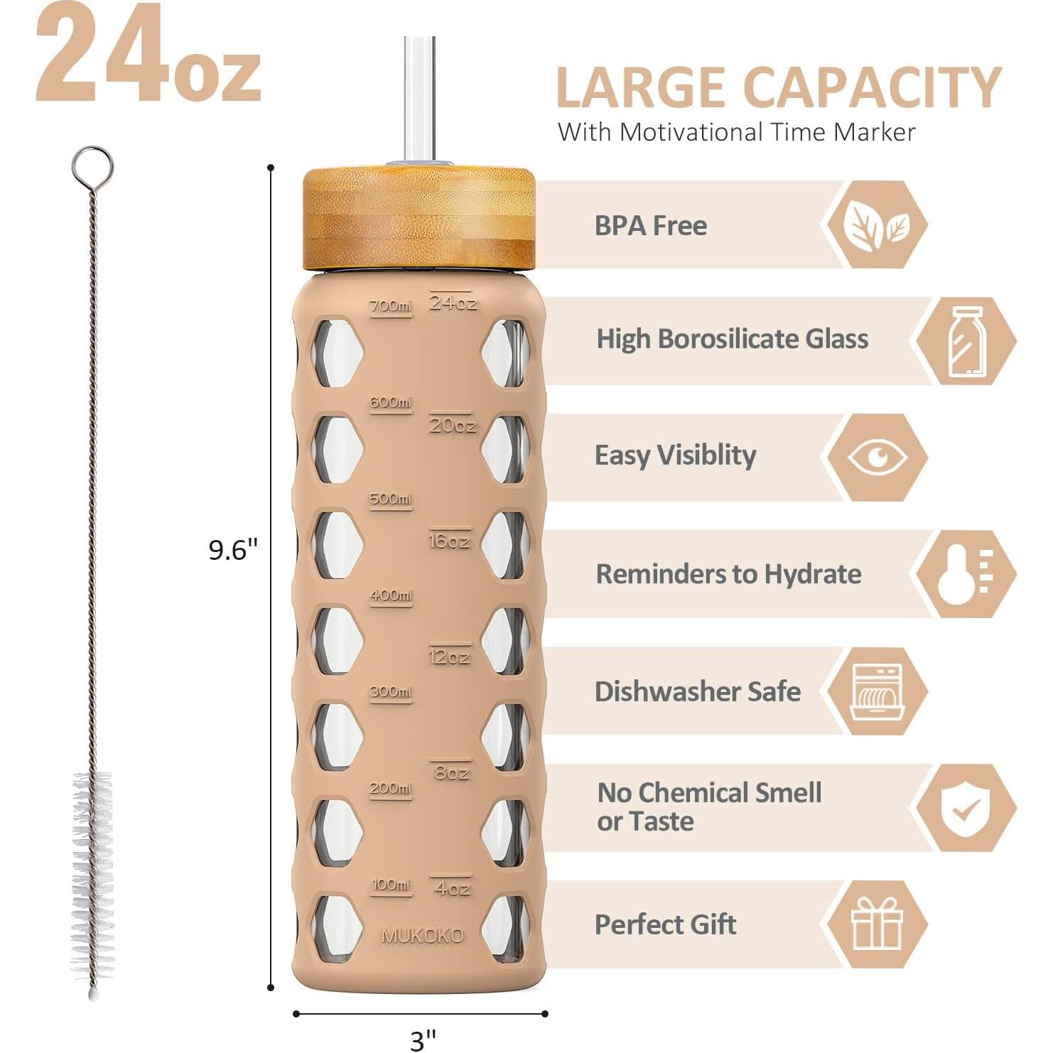 Botella de Agua de Vidrio MUKOKO 0.71L con 2 Tapas Ámbar