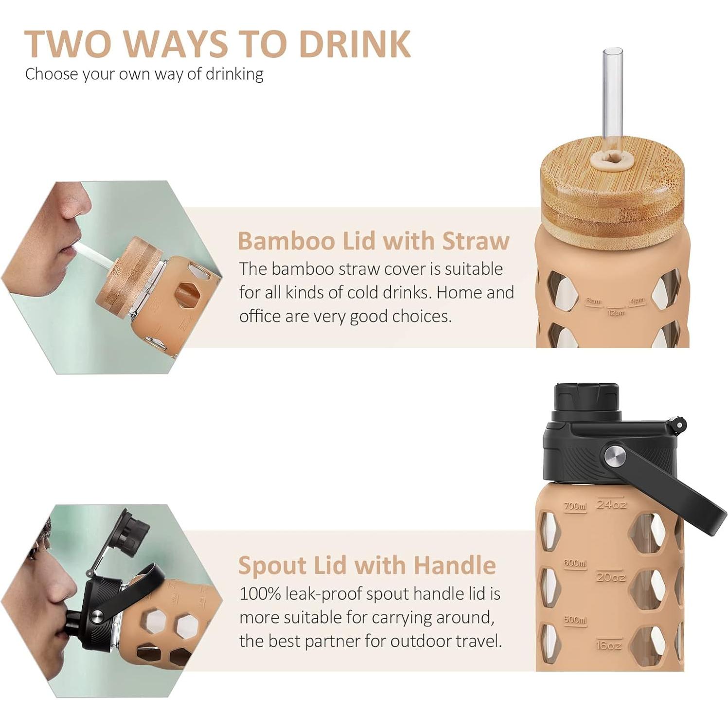 Botella de Agua de Vidrio MUKOKO 0.71L con 2 Tapas Ámbar